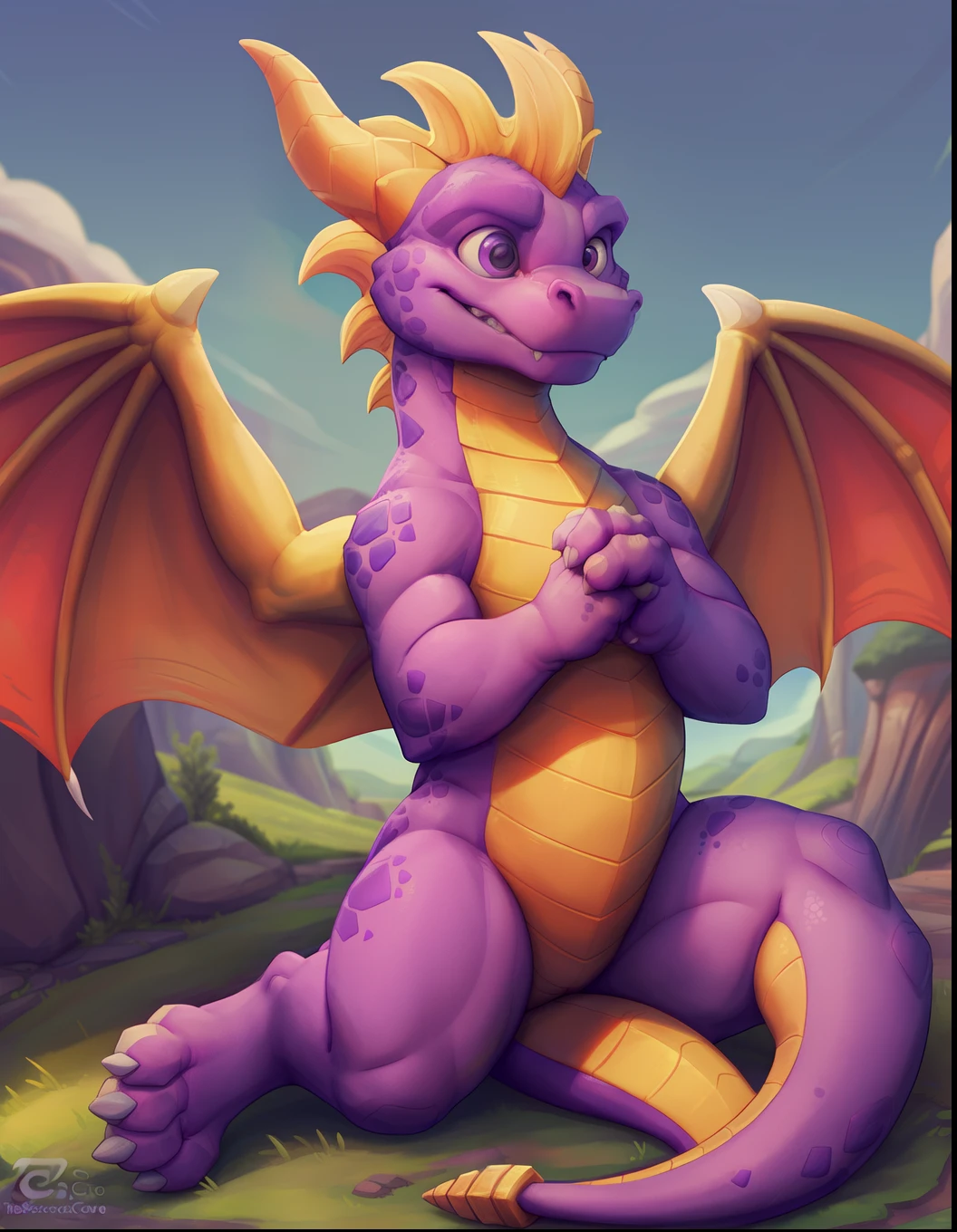 Spyro the dragon,(((detailed eyes, detailed face))), ((4 fingers on hands)), spyro world background, green grass, flying islands, blue sky, purple pupils, young, feral, skinny, yellow horns, spyro dragon tail, Uploaded to e621.net, (by thesecretcave, by tojo the thief), wings, male, (cp2dragon ), sitting, mouth closed, quadripedal, looks confused, (cute), (soft shading), 8k, UHD, masterpiece, raising one paw, sharp teeth, cute smile, cloaca, genitail slit, ((tail behind body))