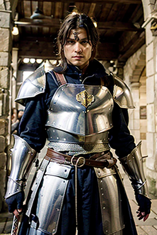 white teen,Brown eyes,short black hair,something muscular,medieval armor,forest
