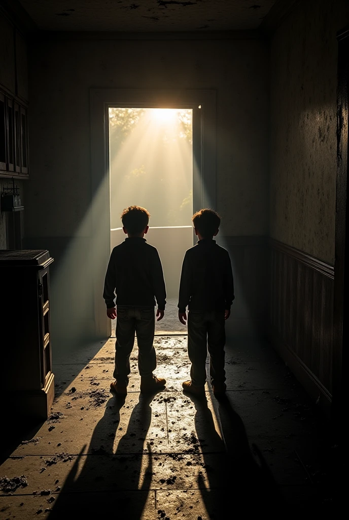 night,A little boy and two older brothers,Inside a dilapidated old house,Supernatural atmosphere,