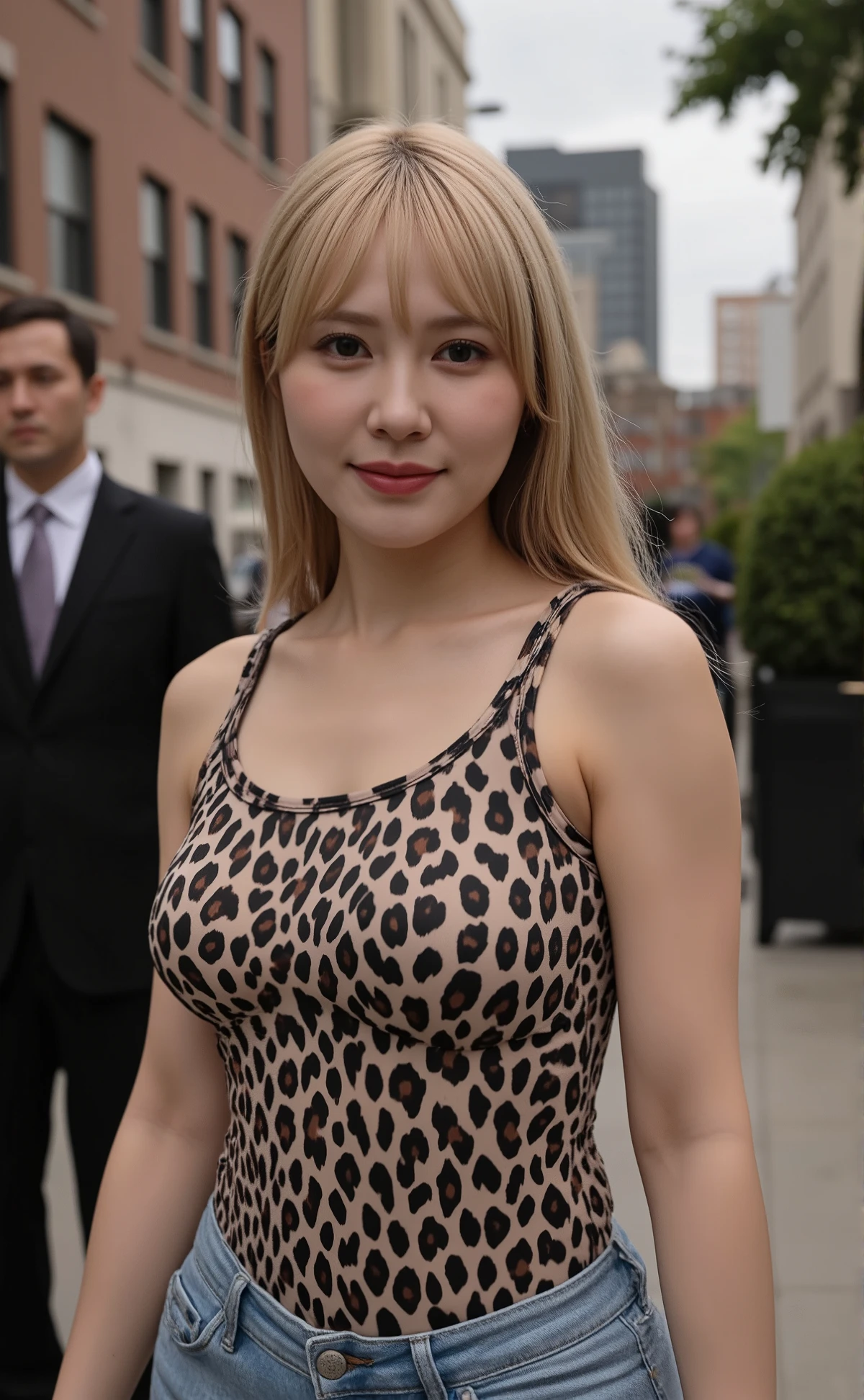 (mature adult woman wearing a leotard1By people),beautiful blonde,super straight hair,With bangs,((Look at the popular blonde)), realistic person images in dark waters,Realism,Best Quality,mastepeice,Best Quality,best image quality,highest resolution,fine details,Beautiful detailed face,black eyes,((realistic skin)),detailed background,( Exact Upper Body),(perfect upper body),(((upper body))),((Realismのある肌)),(smiles),(((super big ))),(((Wear short jeans))),(((Wear an animal print tank top))),(((Standing and walking down the street))),((((Large breasts))),(((Show me a beautiful stomach))),((((Walking through the office district)))),