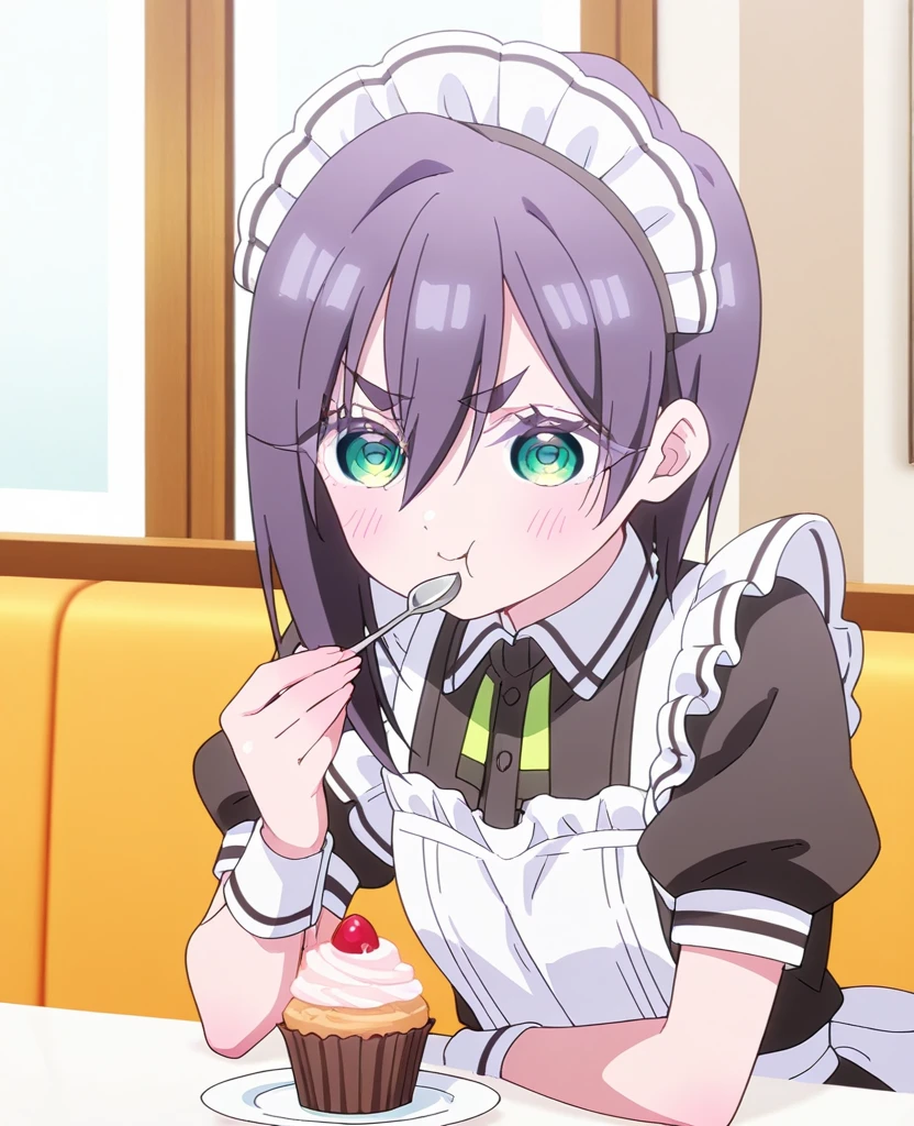 <lora:Nezuv1:0.6>, 1girl, alternate costume, apron, bit gag, black hair, black vest, cherry, cherry blossoms, dango, enmaided, food, food in mouth, frilled apron, frills, fruit, gag, gagged, gradient hair, hair ribbon, holding tray, kamado nezuko, kneehighs, long hair, long sleeves, looking at viewer, maid, maid headdress, mouth hold, multicolored hair, parfait, petals, pink apron, pink background, pink eyes, pink ribbon, ribbon, sanshoku dango, shirt, skirt, solo, strawberry, tray, very long hair, vest, wagashi, waist apron, waitress, white apron, white legwear, white shirt