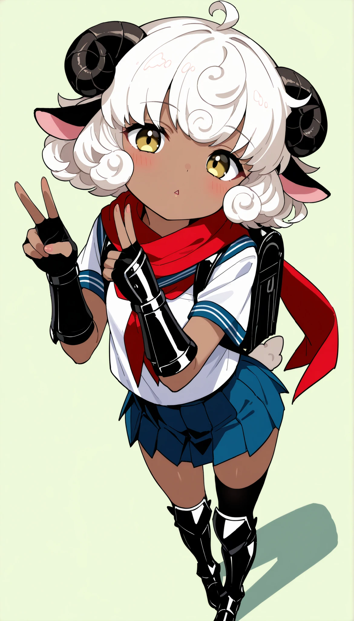 score_9, score_8_up, score_7_up, masterpiece, highest_quality, ultra_detailed, nsfw, absurdres, official_style, intricate_details, sharp_line, from_above, BREAK solo_girl, solo_girl_focus, girl is (cute_female_toddler, (sheep_kin, sheep_ears, sheep_horns, sheep_tail, kemono, black_eye_liner), white_curly_hair, dark_skin:1.5, expressionless, triangle_mouth, short, skinny, bony, flat_cheat, (ninja_scarf, ninja_gauntlets, ninja_greaves, schoolgirl_uniform, schoolgirl_miniskirt, short_reggings, school_backpack), standing_pose, double-peace_pose, head_tilt):1.5, BREAK full_of_details, detailed_face, anatomically_correct, five_fingers, perfect_hands, perfect_fingers, dramatic_angle, dynamic_angle, dynamic_perspective, simple_color_background, (covering_privates, convenient_censoring):1.5, motion_line, motion_blur