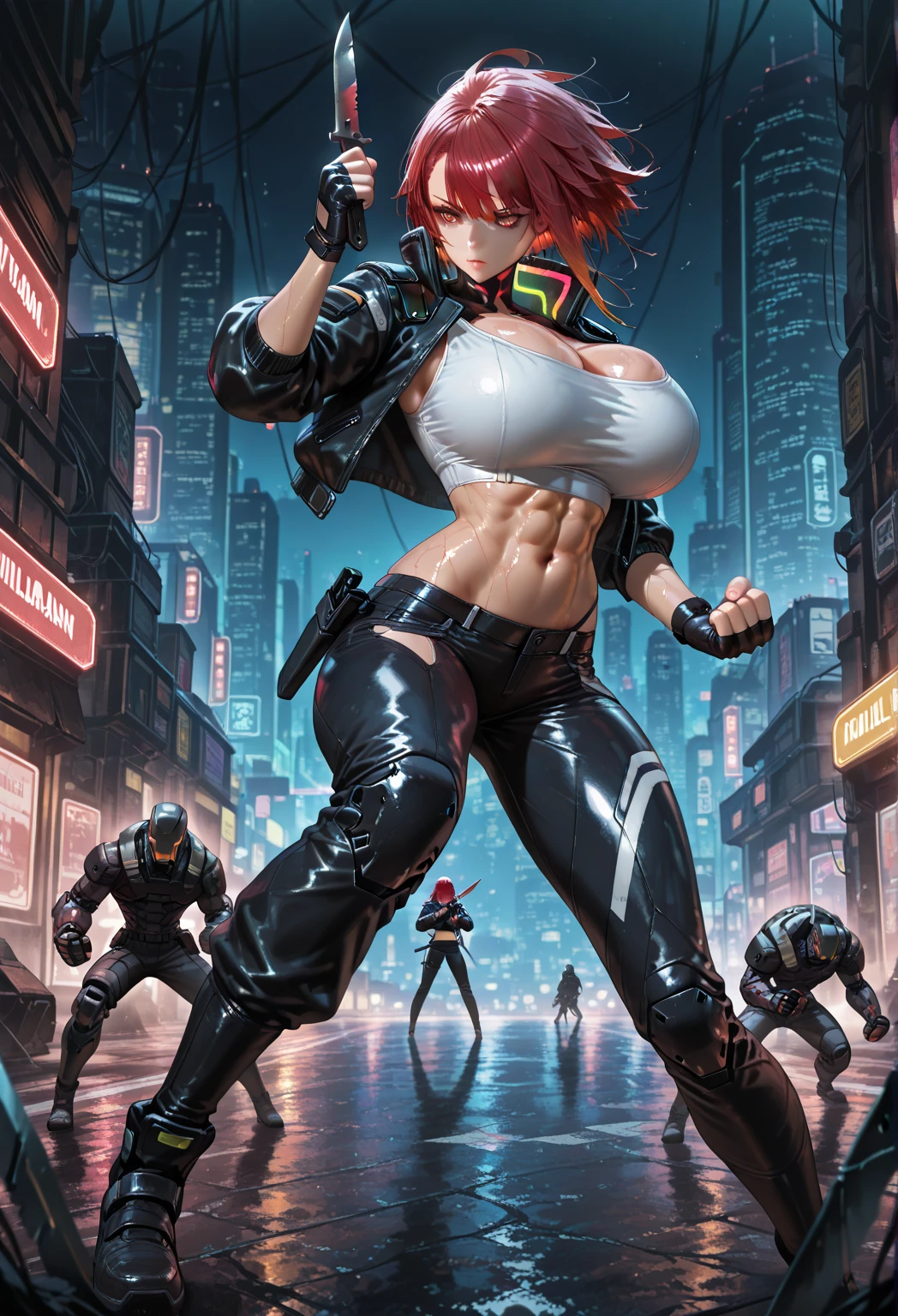 (High resolution:1.4)、(High resolution:1.4)、Beautiful girl alone、Aiming the laser gun、Dirty Pair、Kay、 View your viewers、smile,、Wearing tight yellow clothing, flame, feet, Mid-chest, Redhead beauty, Cyberpunk City Background, head band, Narrow waist, Thin thighs, Thigh Gap、 belly button、 Cleavage、