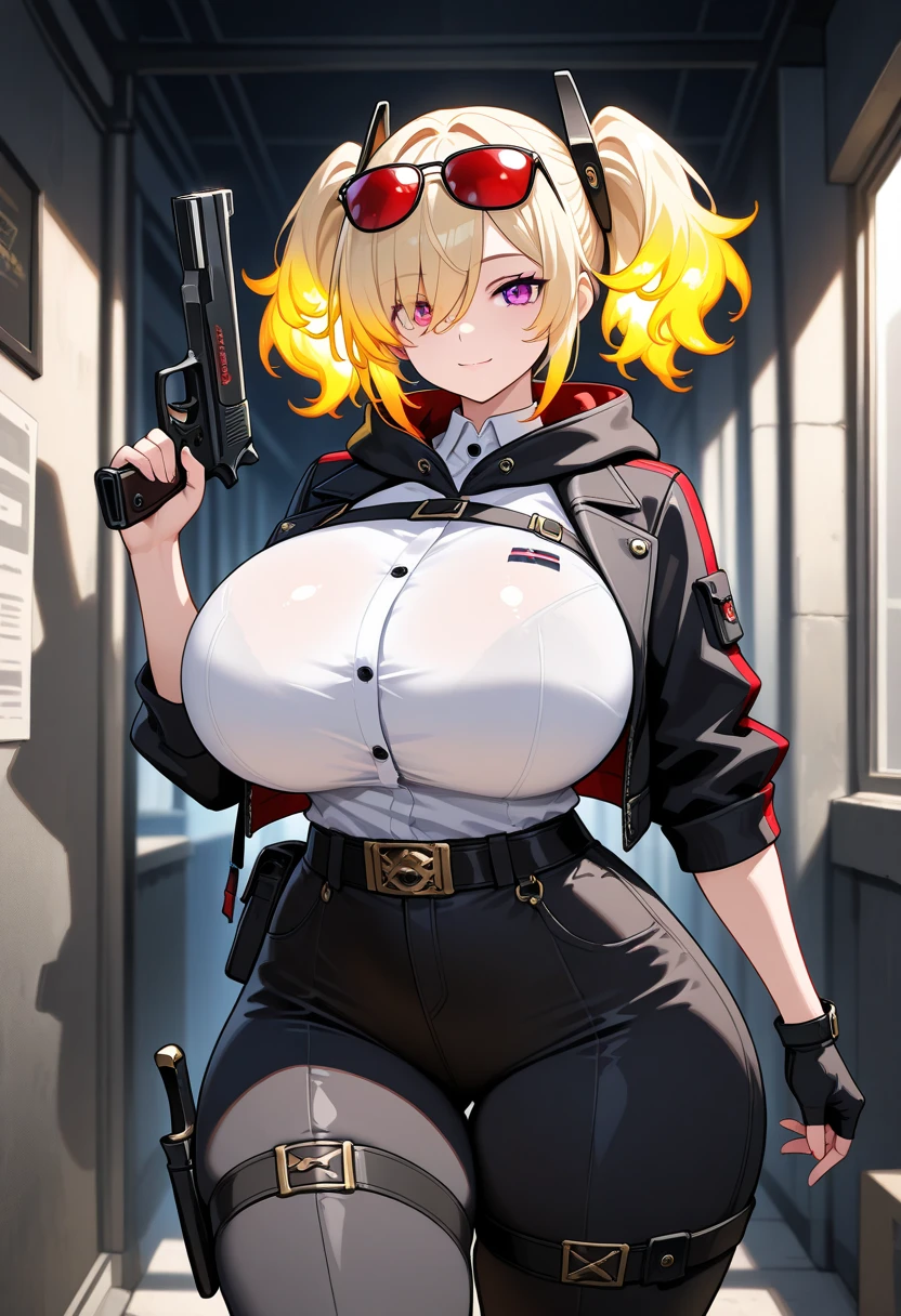 masterpiece, best quality, extremely detailed, detailed face, detailed eyes, clear eyes, orange eyes, huge breasts, 
monadc, 1girl,  solo, looking at viewer, short hair, large breasts, thighhighs, gloves, hat, cleavage,  open clothes, necktie, shorts, fingerless gloves, uniform, garter straps,  black shorts, garrison cap <lora:monadc-09:0.8>