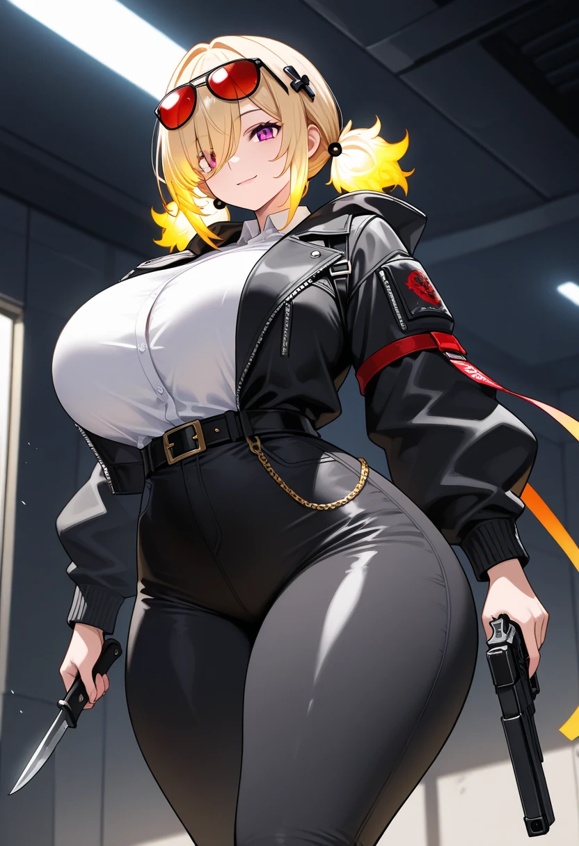 Slime girl, (slime), Slime hair Double buns hair style, Pumpkin Orange, weapon belt, Masterpiece, Best Quality, gigantic breasts, slime girl, slime girl, purple hair, lavender hair, yellow clothes, weapon belt around waistline, rifle, long rifle, AR-15 Rifle, assault rifle, exposed yellow bra, yellow clothing, wearing yellow clothing, fully body view, tight yellow dress, Rifle in hand, mature woman, gorgeous, perverted, sexy, yellow dress, exposed chest, exposed bra, exposed breast, black boots/heels, gold bracelets around wrist, holding rifle, aiming with rifle, tactical stance, tactical gear, sweaty body, long legs, tall woman, lustful yellow eyes, yellow lingerie