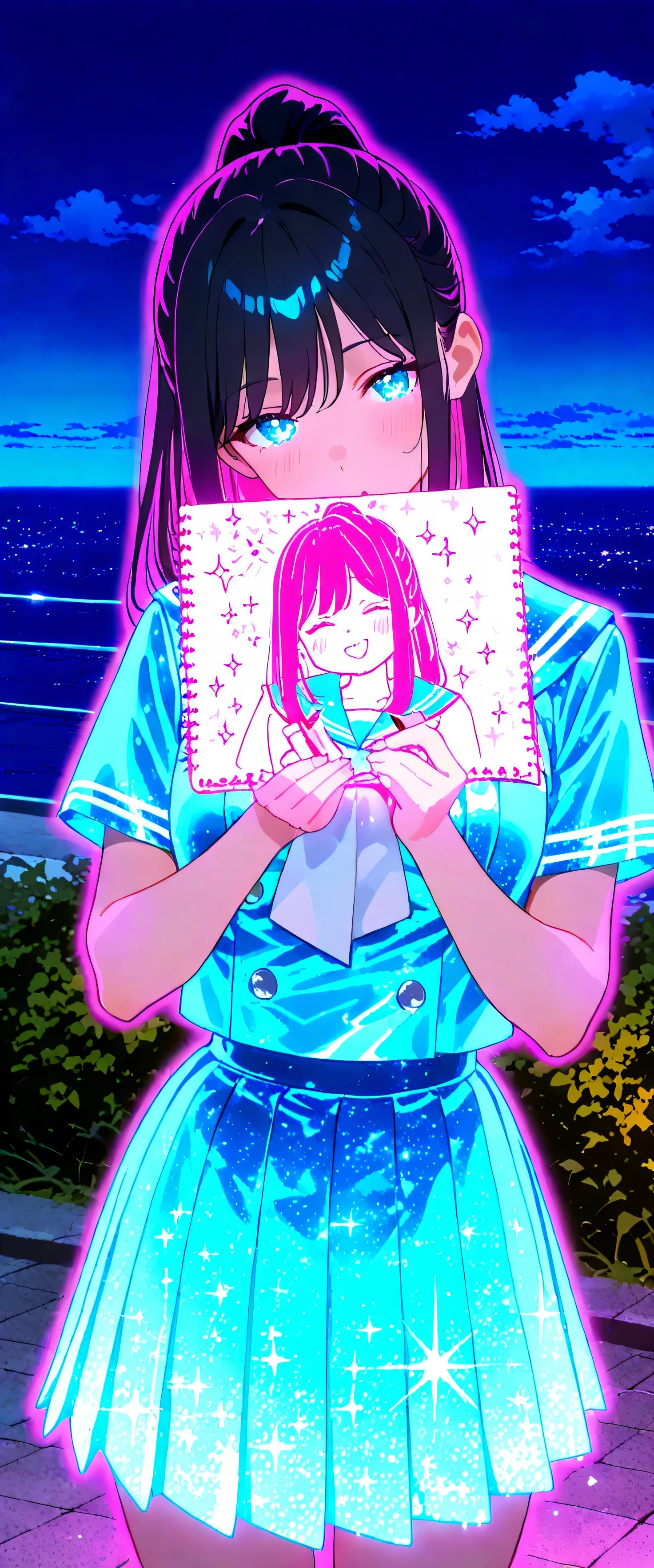(beautiful girl: 1.3),1girl,masterpiece, Highest quality, Ultra-high resolution,rich contrast,super high quality,8k,Highly detailed CG unit wallpaper,texture,Incredibly absurd,Ultra-high resolution,RAW Photos,high school girl,(Blue and white sailor suit and pleated skirt:1.3),short sleeve,ponytail,Black hair,night,Moonlit Ocean,Horizon,xss,seaside road,Glitter effect,0__11Xx_illu,(glowing pink outline:1.3),(Sketching illustrations:1.3),head tilt