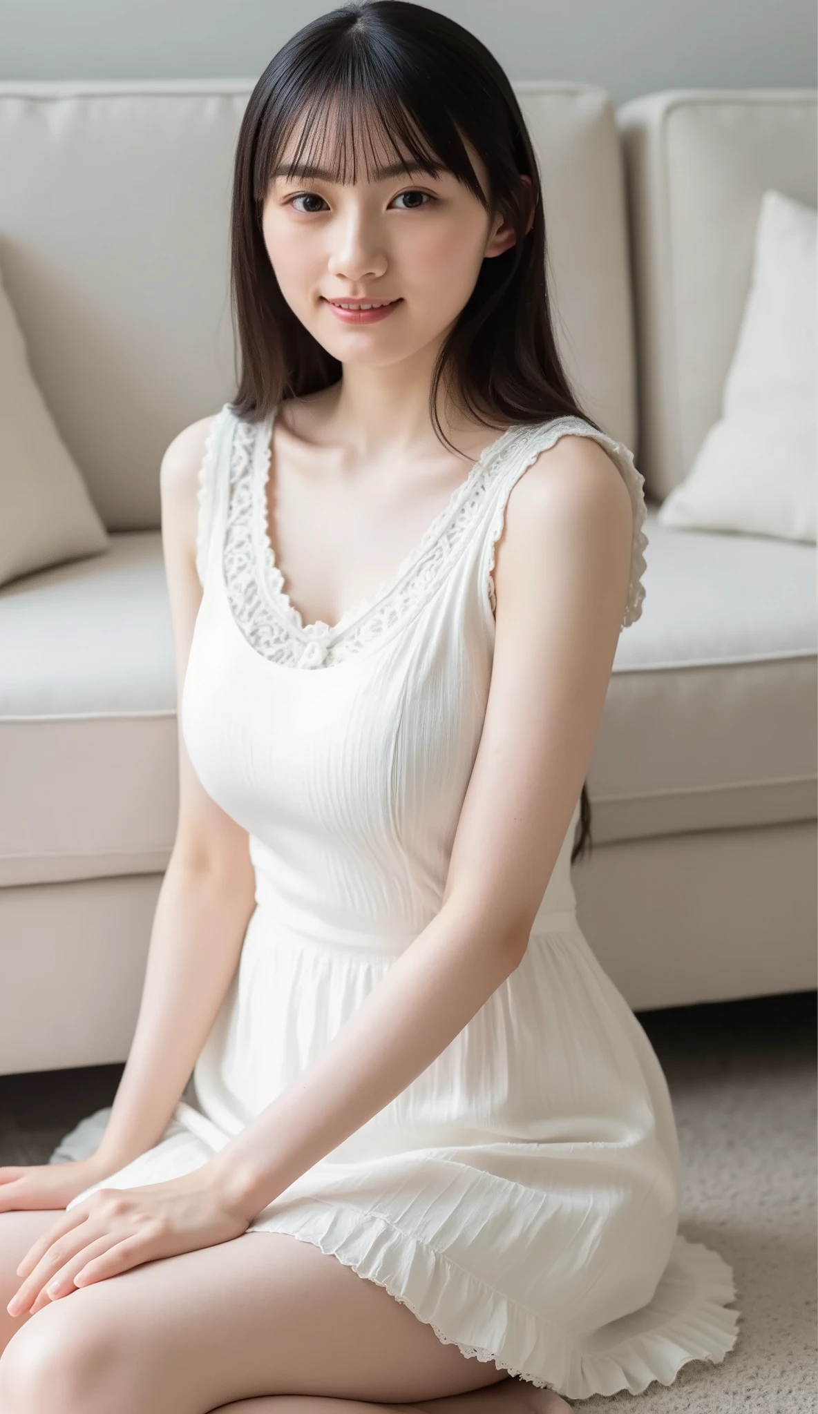 depicting a young woman sitting on the floor、An image showing a cozy indoor appearance. She's light-colored, Probably white or light brown, I'm {x} wearing a sleeveless dress with lace details. her posture is relaxed; She sat cross-legged、with her arms on the floor beside her body. Her brown hair is long, cascading down her shoulders, And her gentle , depicting a comfortable expression . There is a white sofa and pillows in the background, reminds me of a comfortable living space. image is、conveys calm and simplicity, Soft lighting and neutral colors、enhances a quiet atmosphere, beautiful thighs are exposed, Big Breasts.