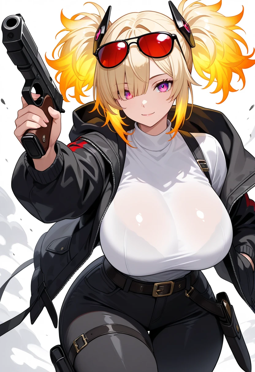masterpiece, ssambatea, 1girl, solo,<lora:Ssambatea-46:1>,blonde hair, red eyes,cowboy shot, messy hair, ponytail, suit, necktie, cleavage, collared shirt,button gap,large breasts, huge gun, huge weapon, holding gun, (floating hair, wind, motion lines), evil grin, blush, outdoors, ruin, night, fire, detailed background