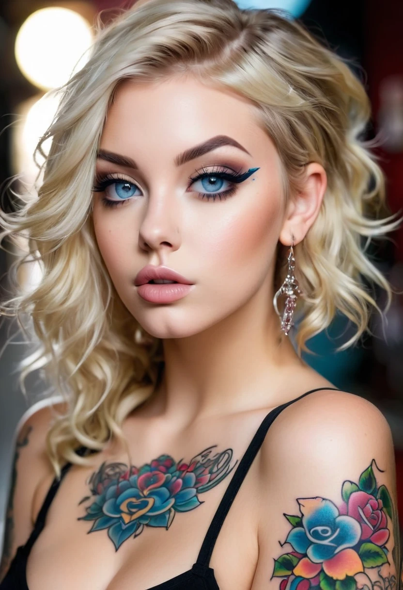 Une belle fille, cheveux blonds, yeux bleus, corps avec plusieurs tatouages, lèvres parfaites, visage du visage parfait, sexy, sensuel, avec piercing au téton, la fille suce une grosse bite, pénis réaliste de son petit ami qui filme