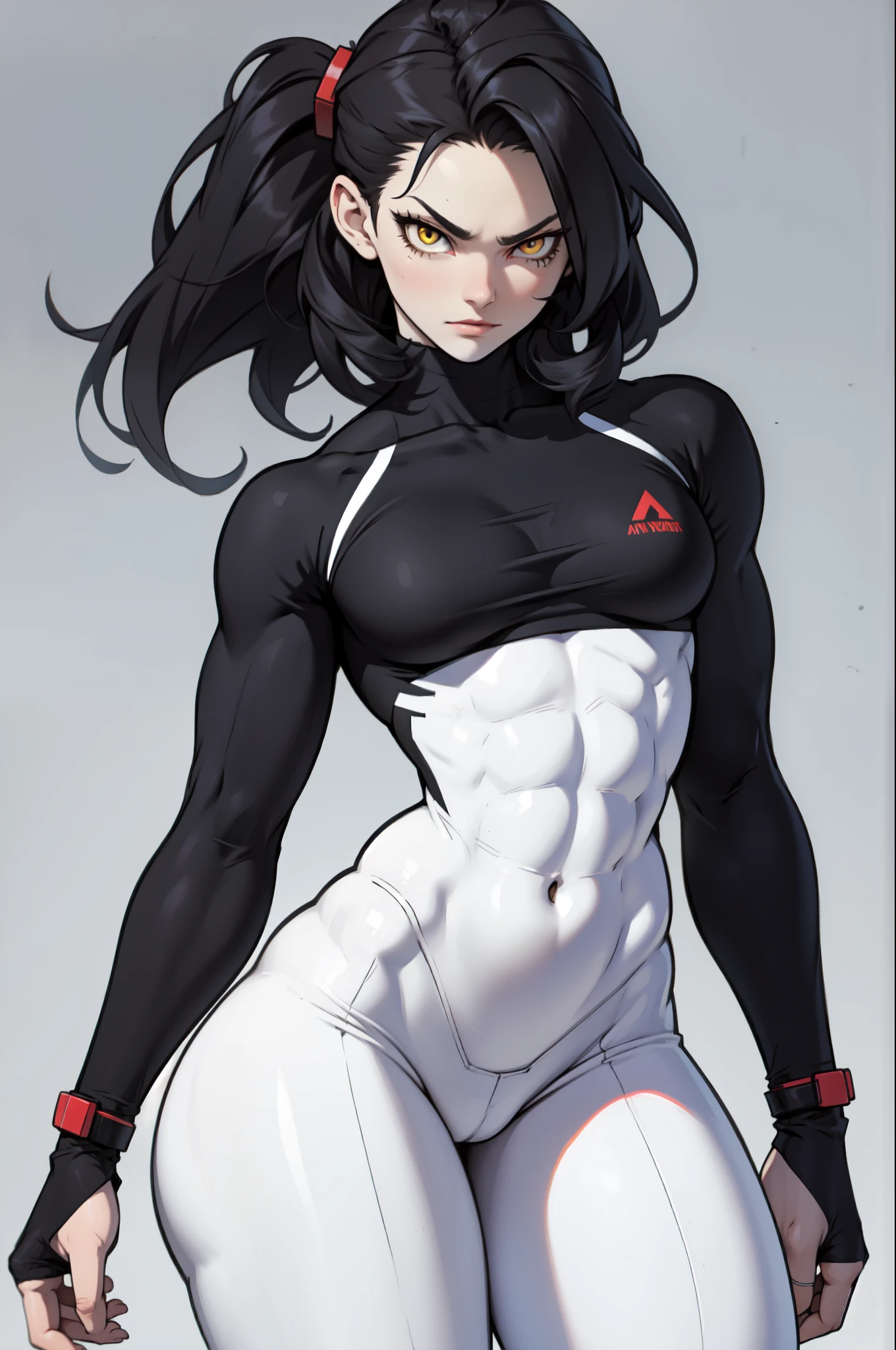 solo standing skintight ((muscular girl perfect anatomy)) toned body massive breasts yellow eyes black hair pale skin