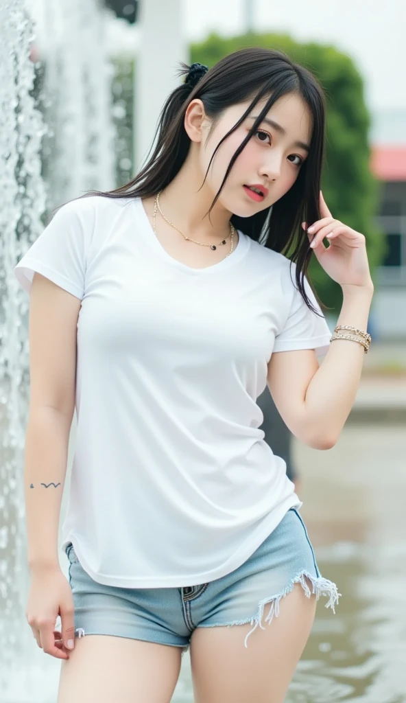 (masterpiece, highest quality:1.2), 8K, 12才のfull nudeの女の子, 85mm,Official AR RAW photo, スーパースリムなスレンダーbeautiful girl, (When I lift up my short navy blue skirt、下Half bodyfull nude、short sleeveの白シャツ、show me your ears、naked girl photo shoot、full nude, cute face, close, Half body, biolace, gardenia, beautiful girl, , thighs, short sleeve, stand on the station platform, looking at the viewer, no makeup, (big smile), film grain, chromatic aberration, sharp focus, face light, clear lighting, Ten generations, detailed face, background bokeh, (dark red tie:1.1)、((((((12 year old girl))))))、((((((12才のfull nude女子高生)))))、thin waist