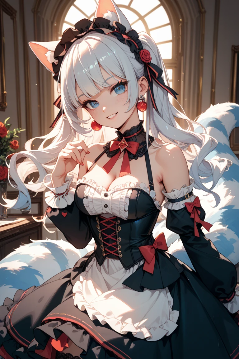 Fox ears,sliver long hair,Half series double ponytail,Lori huge breasts cleavage,Red pupils,Red and white Lolita,The duck sits on the bed,Living in a large birdcage,Look up at the camera,White collar