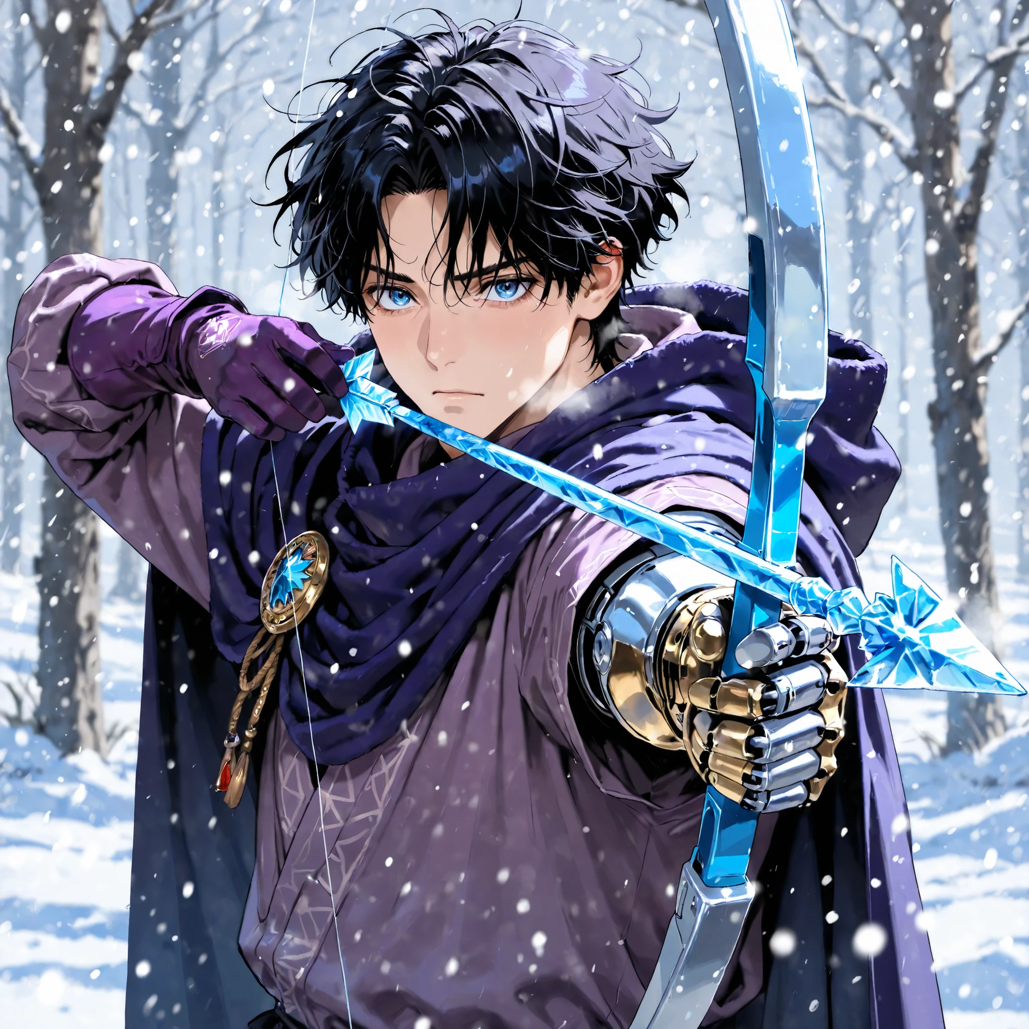 Male, Adult, Black Hair, Blue Eyes Silver And Gold Left Prosthetic Arm, Neutral Expression, Masterpiece Quality, Solo Image, Messy Hair, Single Prosthetic Arm, Masculine Face, Quality Eyes, Dark Purple Hood and Cape, Long Sleeve Purple Shirt, Purple Gloves, Ice Bow, Ice Arrow, Drawing Bow, Snowing, Bow Made Of Ice