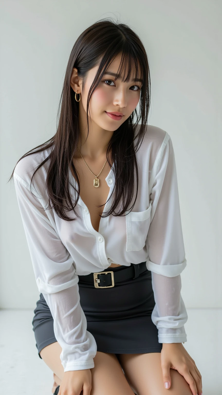 ((Highest quality, 8K, masterpiece :1.3)), Sharp focus :1.2, Beautiful woman with perfect figure :1.4, 1 Girl,Slim Abs :1.2, ((Dark brown hair,chest :1.2)), (White long formal shirt)(Unbutton your shirt.), Gray background:1.2, Highly detailed face and skin texture, fine grain, double eyelid,Beautiful Hands,Five Fingers,Fashion model posing,Full body portrait,Cowboy Shot,jeans,Cast a Shadow,Sitting on a chair,Binding one's arms with a rough rope、The rope bound her body.,((Put your arms behind your back, Suppressed, Rope bondage:1.4)),