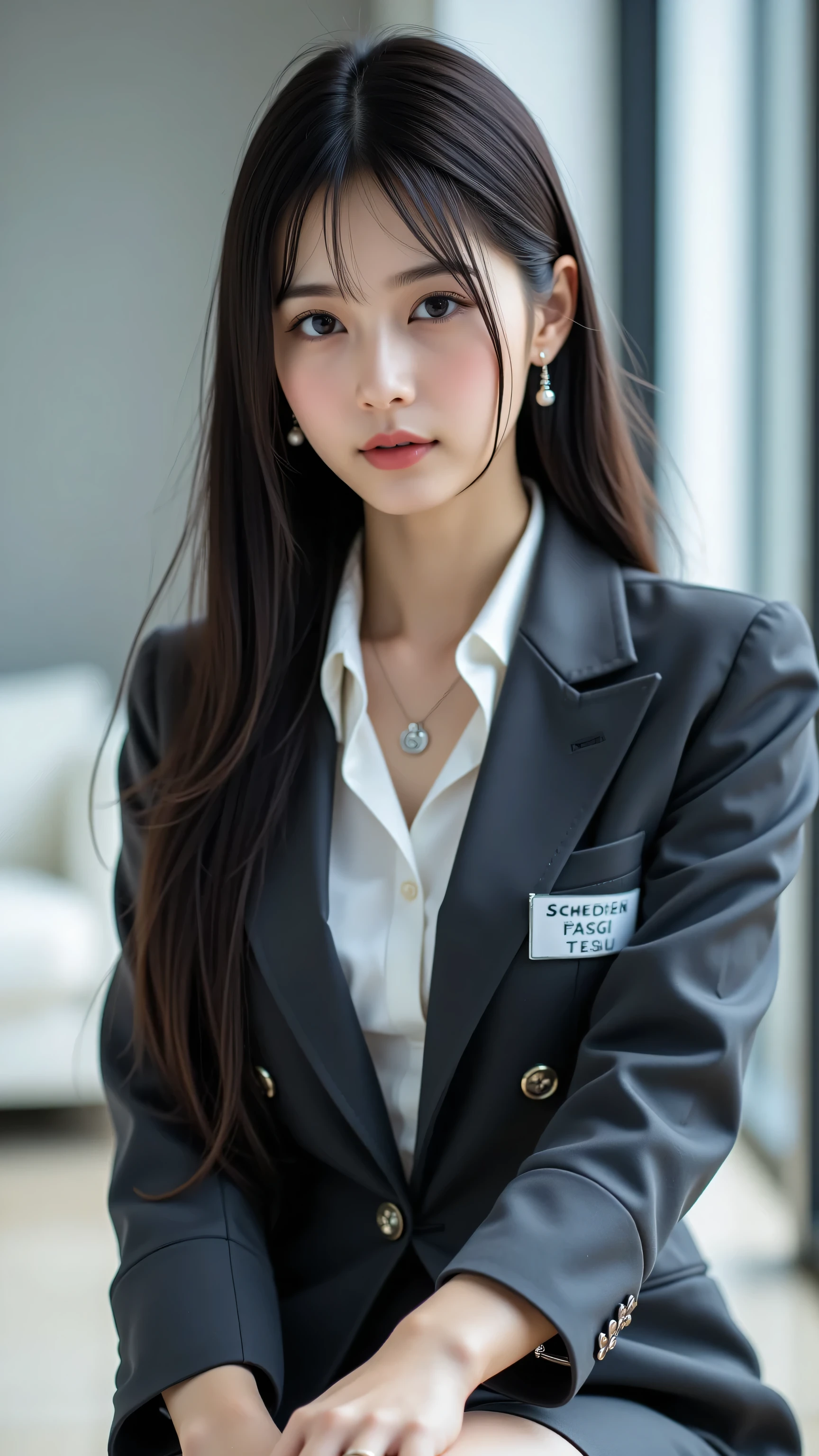 Best Quality, Sleek long black hair  , professional OL with long black hair, dynamic squat pose, detailed eye and skin texture, studio lighting, 30 years old,  dark eyes, elegant, medium breasts,   plump lips, earrings, necklace, Charcoal Tight Suit  , white blouse, miniskirt, High Heels for 20 Years Old, name tag, long sleeve,  slight motion blur , light motion blur, side profile view, Composed, focused expression, cowboy shot angle, full body
