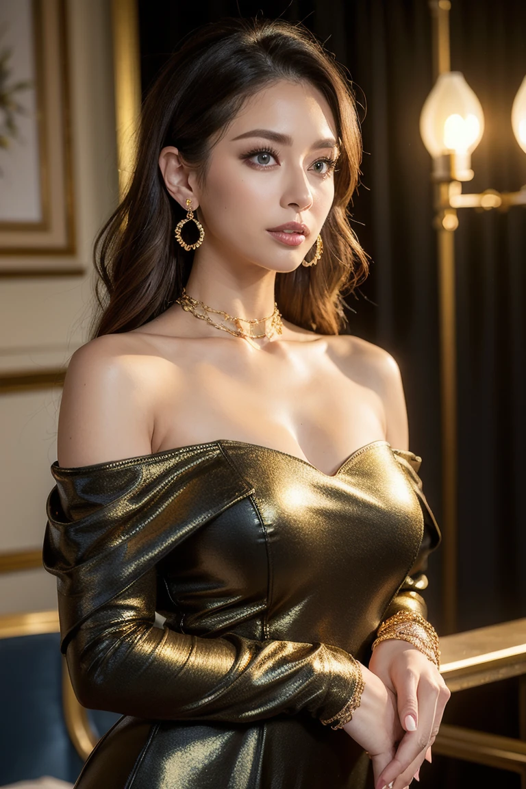 1 girl,8k, masterpiece,on bed, small gold necklace,black sexy luxury dress,cleavage of the breast,Medium breasts,White and bright skin