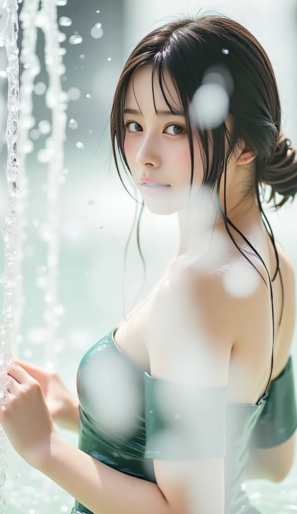 run-6500-v1.1, (RAW Photos:1.2), (Realistic), Beautiful detailed, Very detailed目と顔, Beautiful and beautiful eyes, Large file size, High resolution, Very detailed, Highest quality, [masterpiece:1.6], Consciousness upward, Very detailed, CG, finely, Highest quality, 8k wallpaper, Cinema Lighting, 1 person, , Perfect figure, Large and firm breasts、【Huge 、Heavy chest】、Cute droopy eyes、Beautiful big eyes、Sweaty and wet、【sexual excitement:1.6】、(My whole body is wet:1.2)、There&#39;The light in my eyes、short hair、high school girl、(Japanese School Swimsuit、Navy blue one-piece swimsuit、Navy blue Japanese student swimsuit:1.3)、Pool、Dynamic pose、Huge Rim Figure