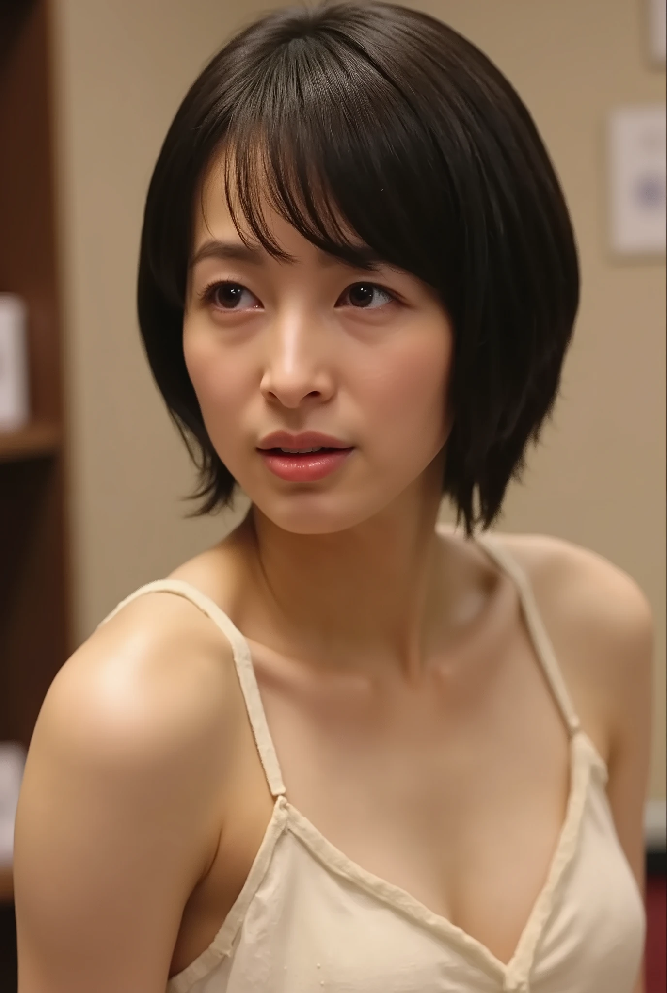 (( top quality )), ((masterpiece)), ( details), Japanese, first-person view ,1 girl, sexy,( in bedroom),((( abnormally large breasts , underwear, short bob hair))), black hair , (( without makeup, small eyes))