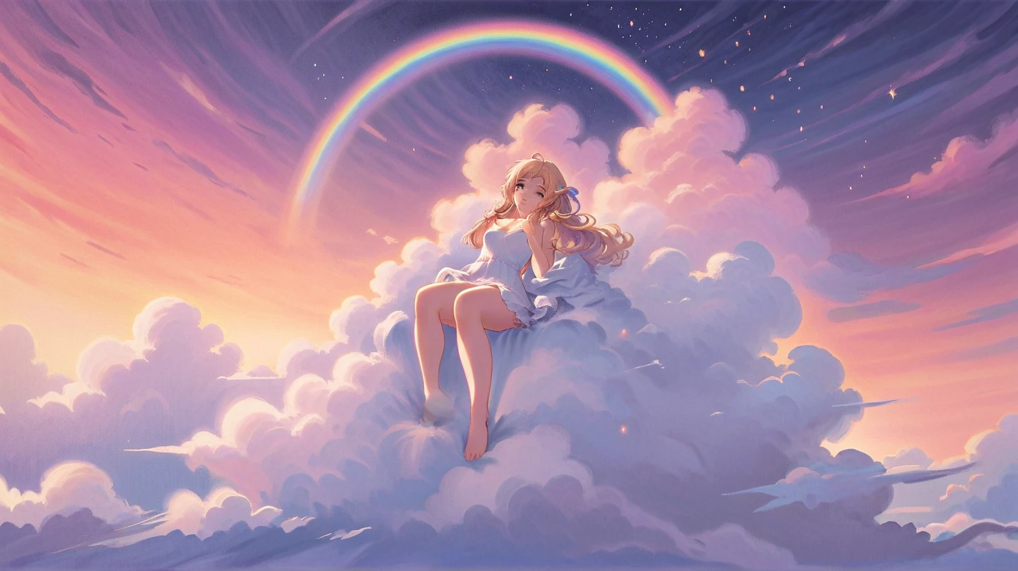 A stunningly ethereal woman, composed of a dazzling array of rainbow hues, reclines gracefully at the end of a radiant rainbow amidst the fluffy clouds in the sky. Bathed in dynamic and enchanting lighting, accentuates her vibrant, full-bodied form. Fantasy art. Masterpiece 