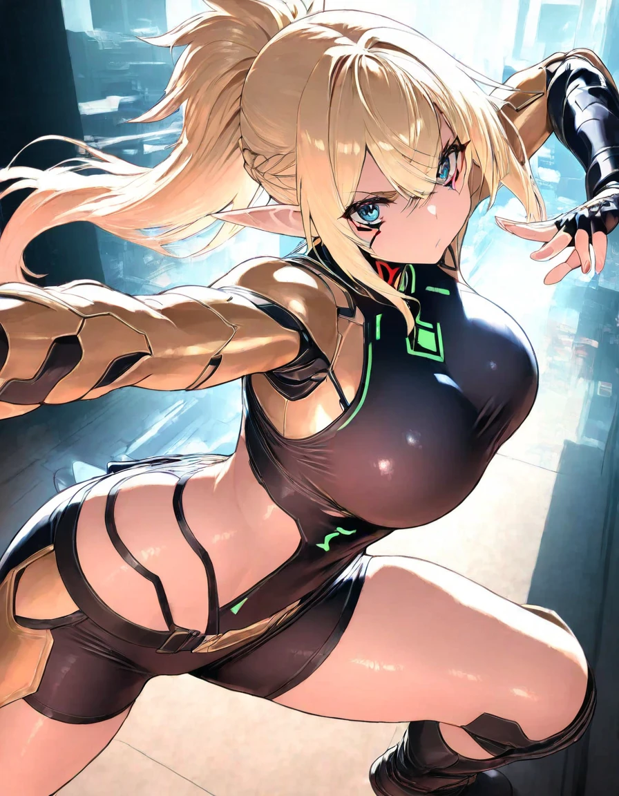 "Masterpiece, high quality, (anime), best quality, dynamic lighting, dynamic background, very detailed eyes and face, 1girl, (background: futuristic city)), (fashion make up), blond hair, drool, closed mouth, girl, solo, mercy (overwatch), mechanical halo, breasts, blue eyes, blonde hair, pantyhose, mechanical wings, wings, halo, holding, bodysuit, cowboy shot, yellow wings, brown pantyhose, lips, gloves, pelvic curtain,  Black Gloves