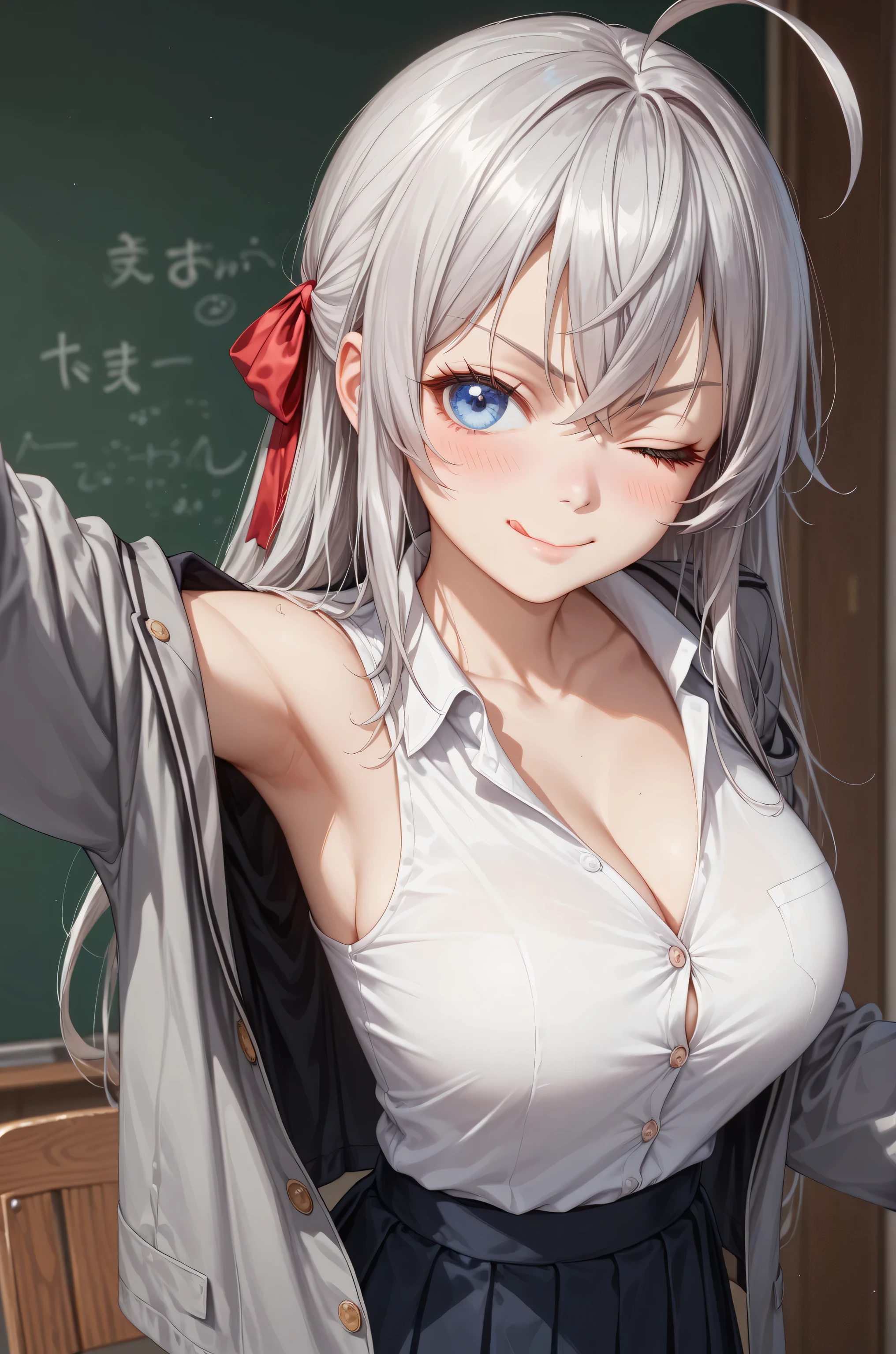 (((Upper Body))、(((Accentuate your breasts、Shiny underwear)))、Highest quality, 8k, masterpiece :1.3)), whole body, Sharp focus :One Girl,Glowing Skin,Sexy pose,Highest quality,Tabletop,shape,Very delicate and beautiful,Hmph,8k壁紙,wonderful,In detail,Official Art,Very detailedなティッカーUnity 8k壁紙,Incredibly ridiculous,Large file size,Very detailedな,High resolution,Very detailed,Beautiful detailed girl,Realistic,X-ray,The queue is full,(((Uniform Blazer、mini skirt)))、(((Big Breasts、Silver Hair)))、(((School、classroom)))、Stand upright、Cleavage , ((Long silver hair))、Uniform Blazer、mini skirtセクシーなポーズ、Her hairstyle is twin tails..、both hands、Arya、Lace panties