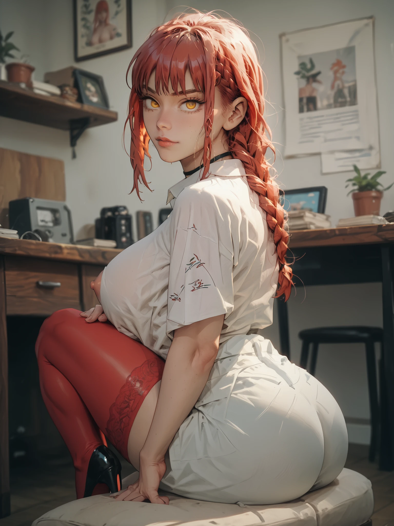 1girl, makima (chainsaw man), huge breasts, nipples, solo, ass, shirt, braided ponytail, braid, red hair, sitting, yellow ringed eyes, looking at viewer, white shirt, bottomless, high heels, red thighhighs, choker