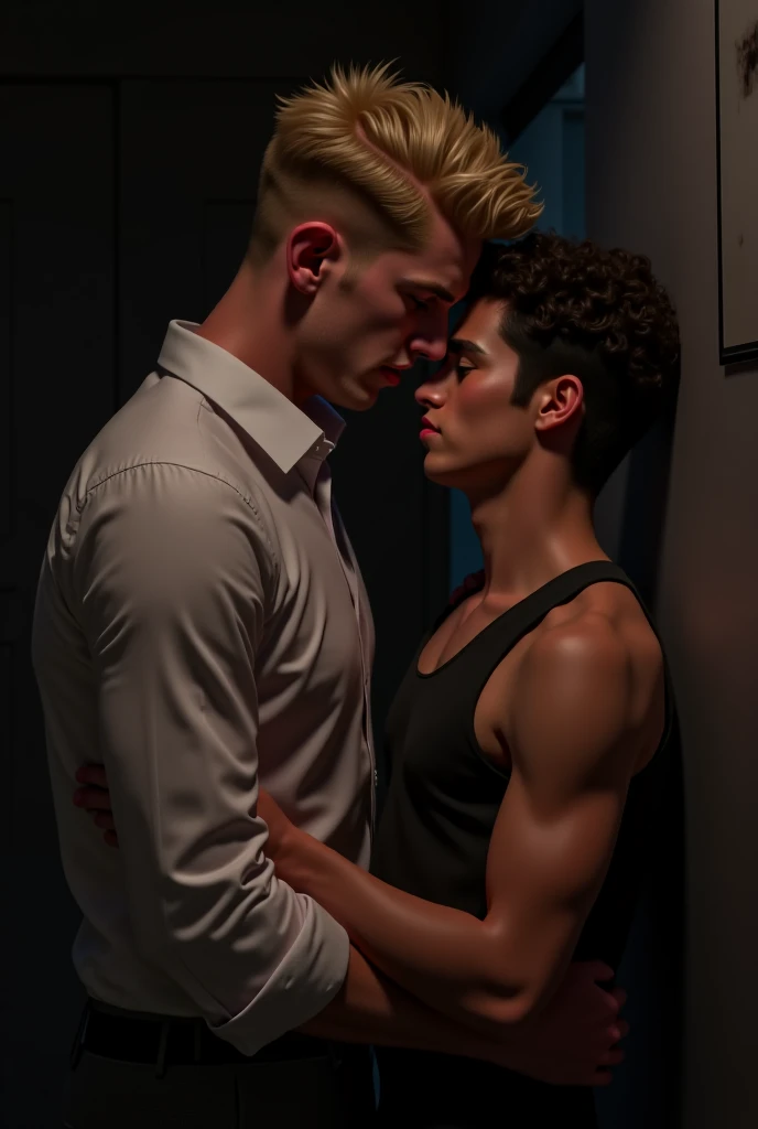 Handsome muscular redhead wearing feminine lingerie while another blonde puts on sheer stockings and kisses his body. Herotico, gay, musculos grandes.