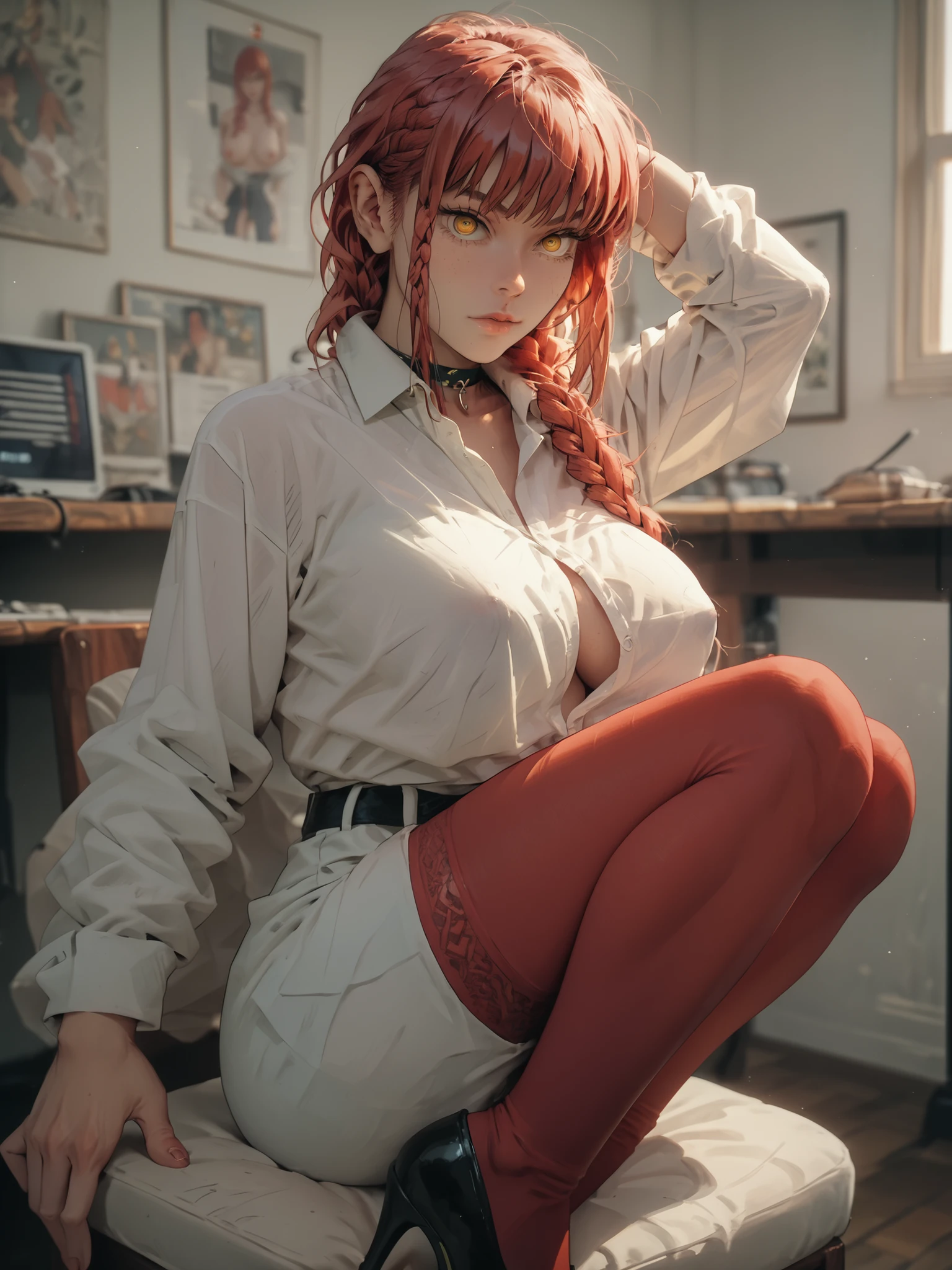 (a girl:1.1),(down on knees,extremely detailed:1.1),(sucking my dick:1.1),makima, POV,(best quality:1.2),ultra-detailed(realistic:1.37),(erotic,explicit:1.1),(intense passion:1.1),bright lighting,close-up shot,physically-based rendering,beautiful detailed eyes,beautiful detailed lips,long eyelashes,soft skin,lingerie,provocative pose. Beautiful figure, Skinny black pants, red hair, Orange Eyes, white  shirt, sexypose, Realistic,