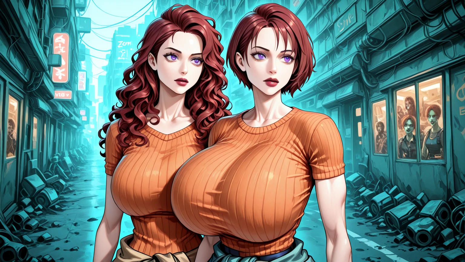Pandora Peaks, portrait, Face portrait, red lips, smiling, cleavage, Voluptuous woman, Chubby woman, straight hair, dark blond hair, Long hair, short-sleeved t-shirt, gray t-shirt, showing abdomen, Short jeans. (A single black man wearing shorts, in-center of composition) A diverse group of five young adult Americans, representing different ethnicities and characteristics, wearing yoga-pants and blouses, displays their unique beauty with perfect bodies, large breasts, wide thicc-hips, Among them, there are blonde young adult girls with auburn hair, emanating an air of natural elegance. Brown young adult girls with silky locks and a captivating sheen show off their exotic beauty. Also present are black young adult girls with stunning curly hair, highlighting their authenticity and cultural pride, (the women surround a singular BLACK MAN with short-hair, from all sides) (in a bed) the women kiss the singular Black Man, touch the singular Black man, masterpiece, high details, high quality, best quality.