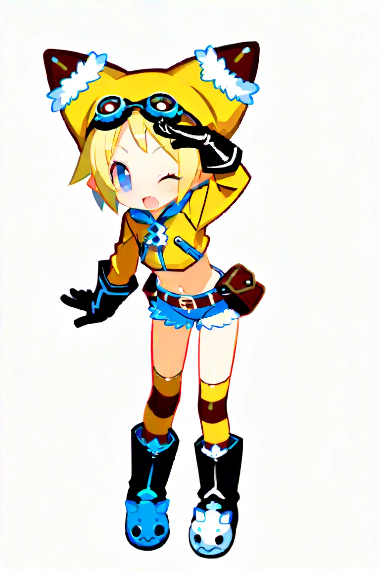 8k, wallpaper, Detailed, girl with short messy black hair with blond inner color and blue eyes, she has sharp teeth, she's smiling, she's wearing a black and white striped shirt with black pants, pokemon style