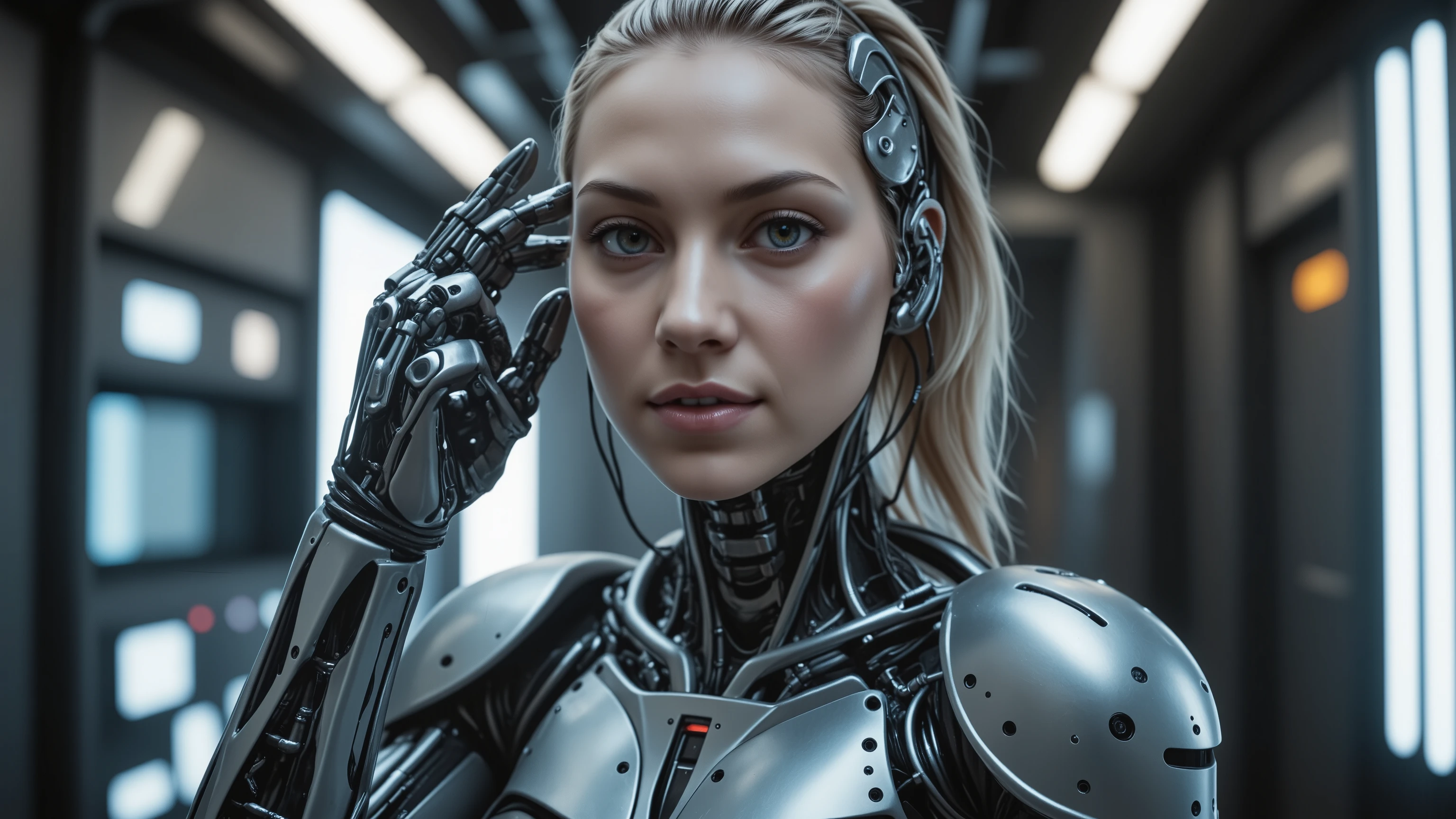 A stunning full-body portrait of a young woman, blending human and cybernetic features. She stands tall, her porcelain-like face glowing with soft studio light, accentuated by a rim light on the hairline. Robotic parts seamlessly integrated into her body, with wires and microchips visible beneath her skin. Her facial muscles subtly contorted in a serene expression, as if processing information. Cable electric wires tracing along her arms, merging with the intricate details of her hands. Hyperrealistic rendering captures every pore, eyelash, and lip detail, making it seem almost lifelike. Perfectly framed within a H. R. Giger-inspired cyberpunk setting, this masterpiece exemplifies photorealism in its purest form, worthy of UHD, HDR, and 16K resolution.