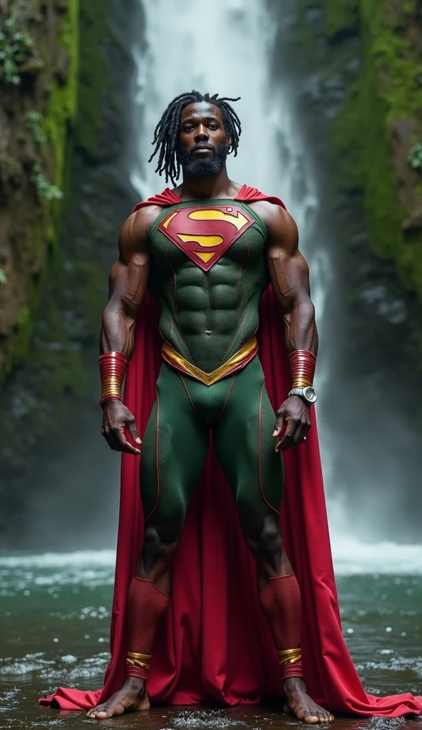 <lora:K1ngabdul:1> (K1ngabdul), african male, muscle, fitness, dark skin, black, closeup shot, upper body, dreadlocks, fit, male focus, 1boy, solo, black Superman in a Superman suit, (standing on snow and ice in The Fortress of Solitude, ice palace), surreal bright art, trending on artstation, bloom, vivid whites, RAW, hyper detailed photorealistic, life-like, accurate, proportional, sharp focus, (accurate cinematic lighting), photorealistic detail, (selective focus:0.6)  <lora:lora_perfecteyes_v1_from_v1_160:0.8> photo of perfect eyes <lora:more_details:0.8>