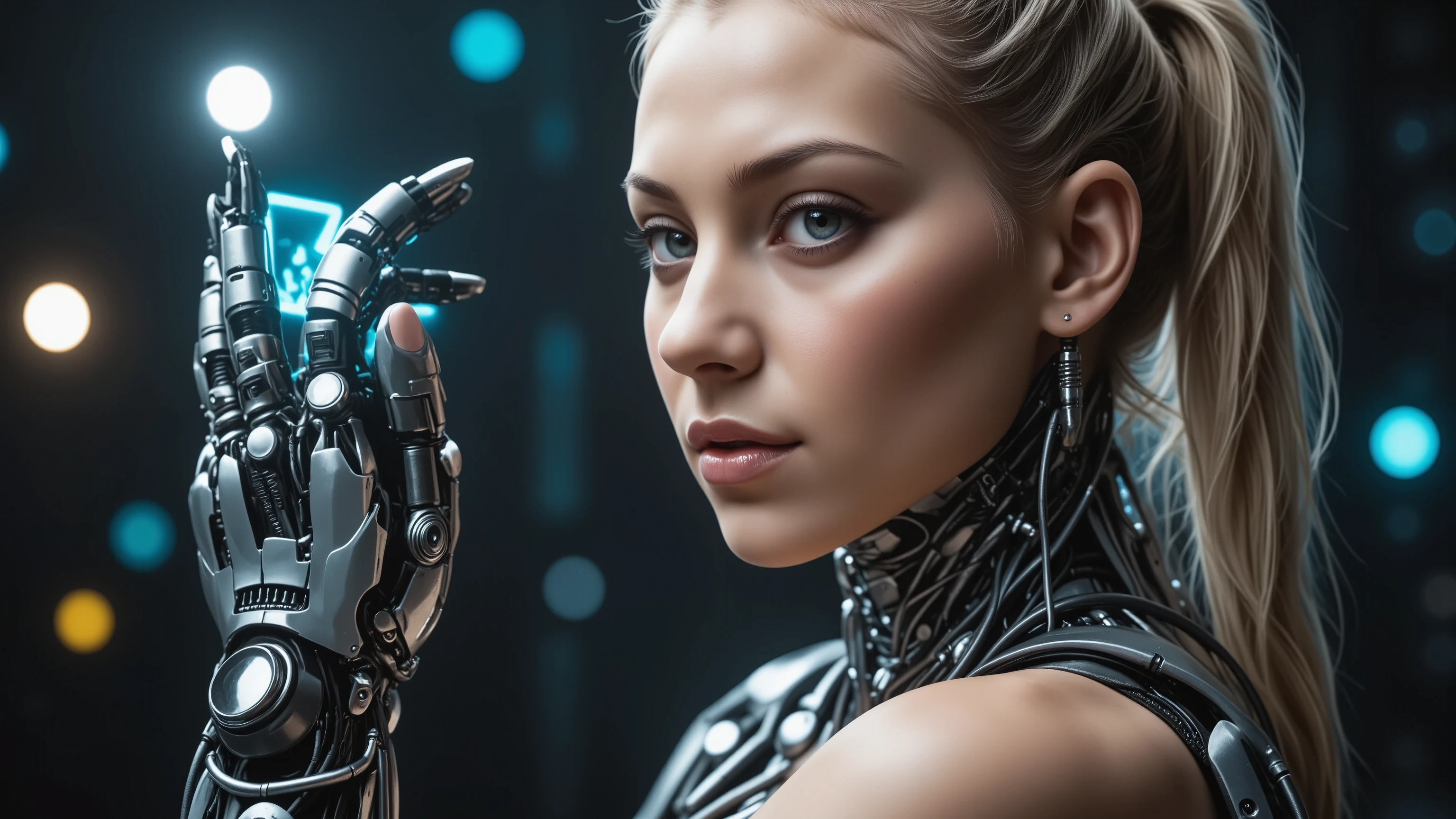 A stunning full-body portrait of a young woman, blending human and cybernetic features. She stands tall, her porcelain-like face glowing with soft studio light, accentuated by a rim light on the hairline. Robotic parts seamlessly integrated into her body, with wires and microchips visible beneath her skin. Her facial muscles subtly contorted in a serene expression, as if processing information. Cable electric wires tracing along her arms, merging with the intricate details of her hands. Hyperrealistic rendering captures every pore, eyelash, and lip detail, making it seem almost lifelike. Perfectly framed within a H. R. Giger-inspired cyberpunk setting, this masterpiece exemplifies photorealism in its purest form, worthy of UHD, HDR, and 16K resolution.