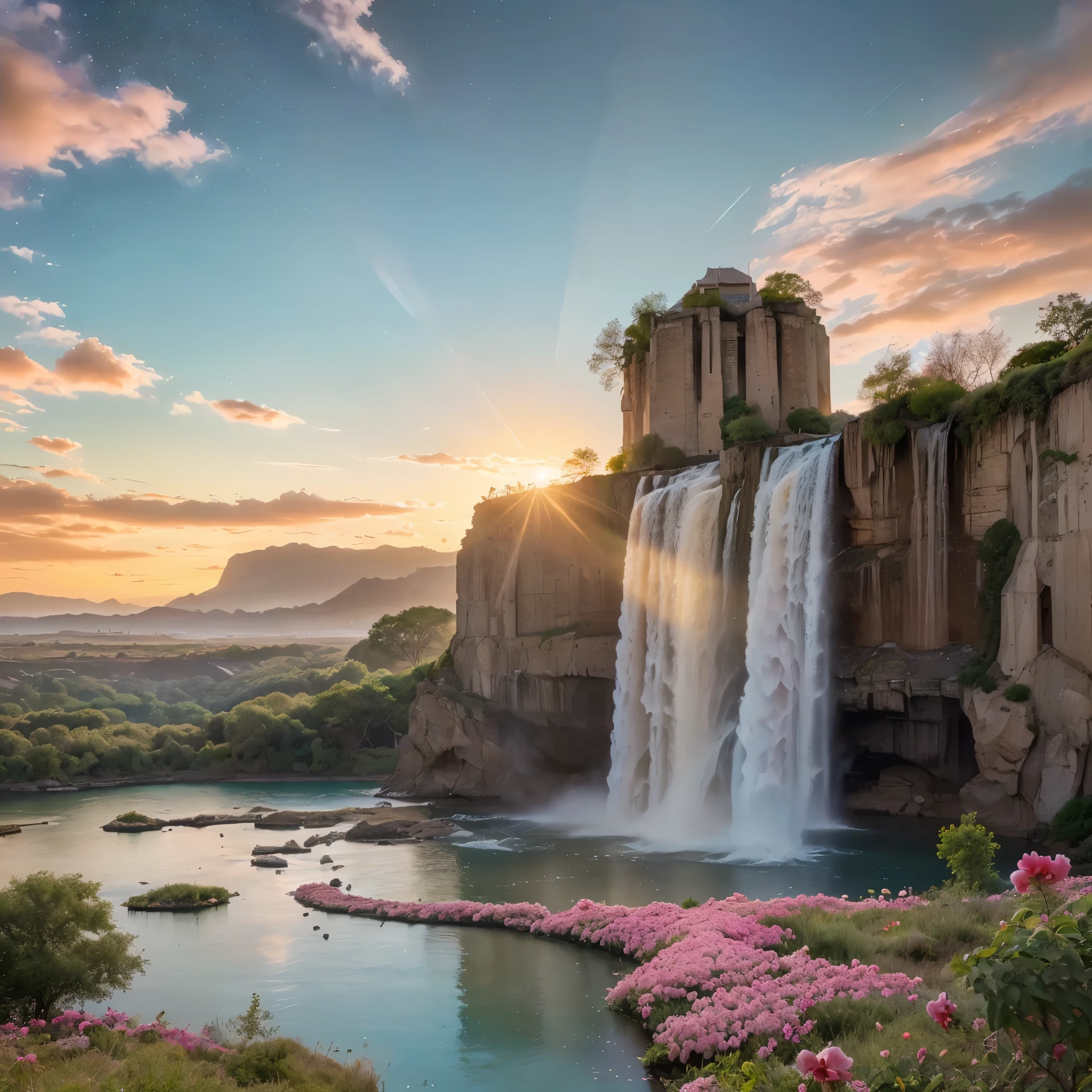 (8k, highest quality, masterpiece, final fantasy style: 1.2), (unRealistic, photoRealistic: 1.37), Dreamy landscape, epic scenes, sunset, Fantasy, Unsurreal landscapes, Super detailed, Flying futuristic Castle, Floating Island in the Sky, Seven-colored swirl of light, Intense lightning, nebulas,Complex Light, Colored light, blue clear Large Lake, Starry sky reflected on the lake surface, Countless shining stars, Meteors, Reflections , (A pillar of light emanated from the ground:1,2), (((roses and orchids gardens , bright sunset, pink and blue clouds, waterfalls in the sky, realistic style))), Hyperrealistic drawing , burning futuristic skyscrapers, , timeless realms, healing light magic effect, in a crystal clear blue magical lagoon of the fairyland, crystal clear waters with silver surface reflections, sharp focus, (close-up:0.9), (bright white theme:1.2), (bright white tone:1.2), (deep blue tone:1.3),((( realistic, Hyperrealism, vivid colours , landscapes , alien nature , science fiction themes))), mountains and abyss, water resources and waterfalls , fog ,