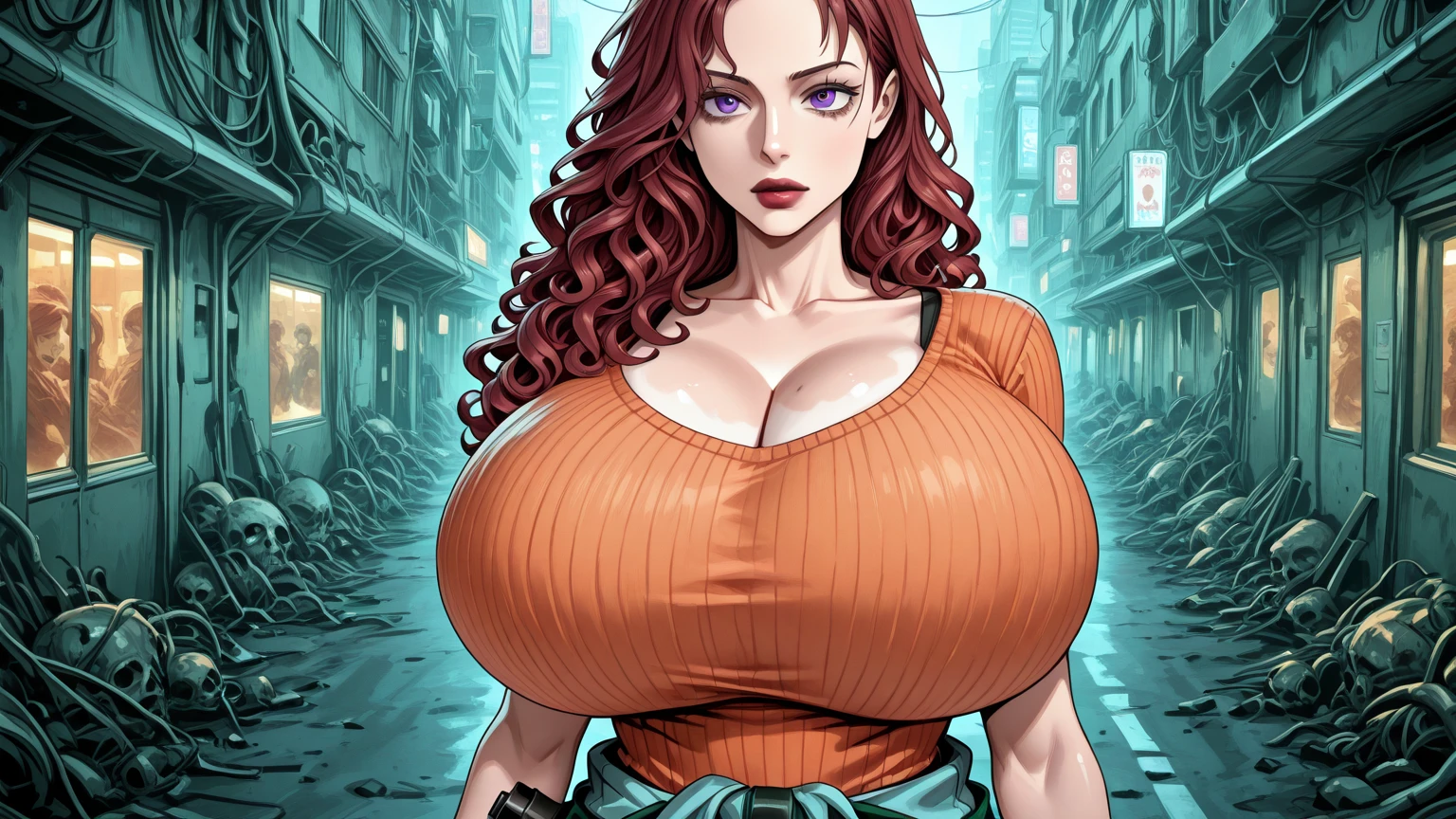 masterpiece:1.5, best quality:1.5, aesthetic, beautiful detailed hair detailed face, perfect feminine face, 1girl, sidelocks, cinematic lighting, sharp focus,large breasts , mature female, ,16k, glowing eyes, detailed 4k eyes,
playground,seduction,sexy lips, parted lips,detailed lips,
red lips, high detailed background,((big brown eyes)), detailed face,
clara_ma,solo,
long hair,earrings,cleavage,huge breasts,necklace,purple hair,brown eyes,mature female,red dress,lipstick,curvy,formal,skirt,red jacket,very long hair,hair intakes,suit,white shirt, peek bra,
1girl, breasts, jewelry, solo, long hair, earrings, cleavage, huge breasts, necklace, hand on hip, purple hair, looking at viewer, brown eyes, mature female, dress, miniskirt, lipstick, makeup, by sakimichan, george kamitani, akira yasuda, trending on artstation, pixiv, danbooru