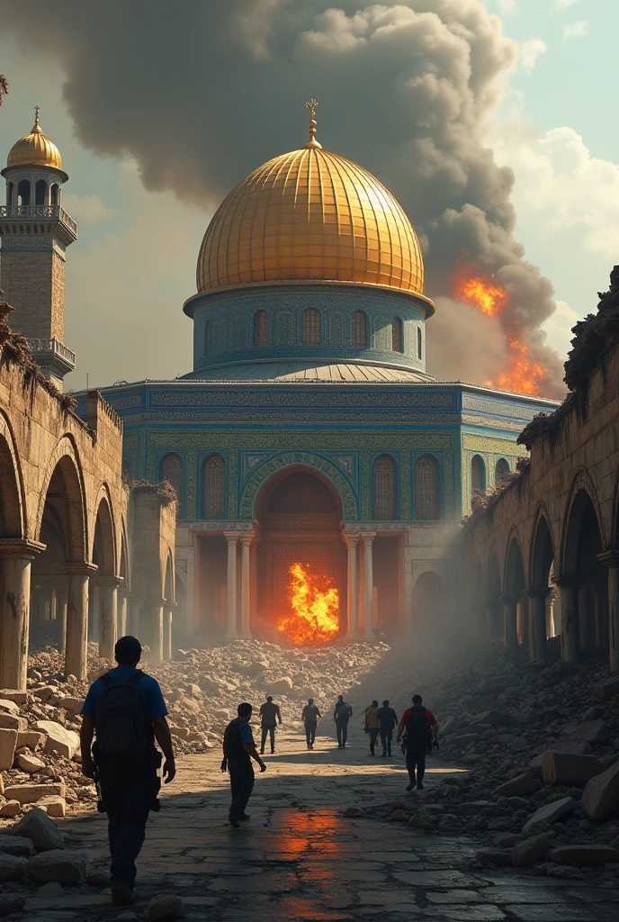 A stunning and ultra realistic image of a war between Iran and Israel in Jerusalem. The setting is cinematic: narrow streets and ancient stones are silent witnesses of the battle. Tanks advance through the streets, their wakes kicking up dust and debris. Combat helicopters hover in the sky, launching missiles toward historic buildings. The Dome of the Rock is partially destroyed, and the Western Wall is shrouded in smoke. The colors are intense: the blue of the sky contrasts with the red of the fire and the gray of destruction. It's a scene that looks like something out of an epic 4K movie, but unfortunately, it's a tragic reality. Panoramic View