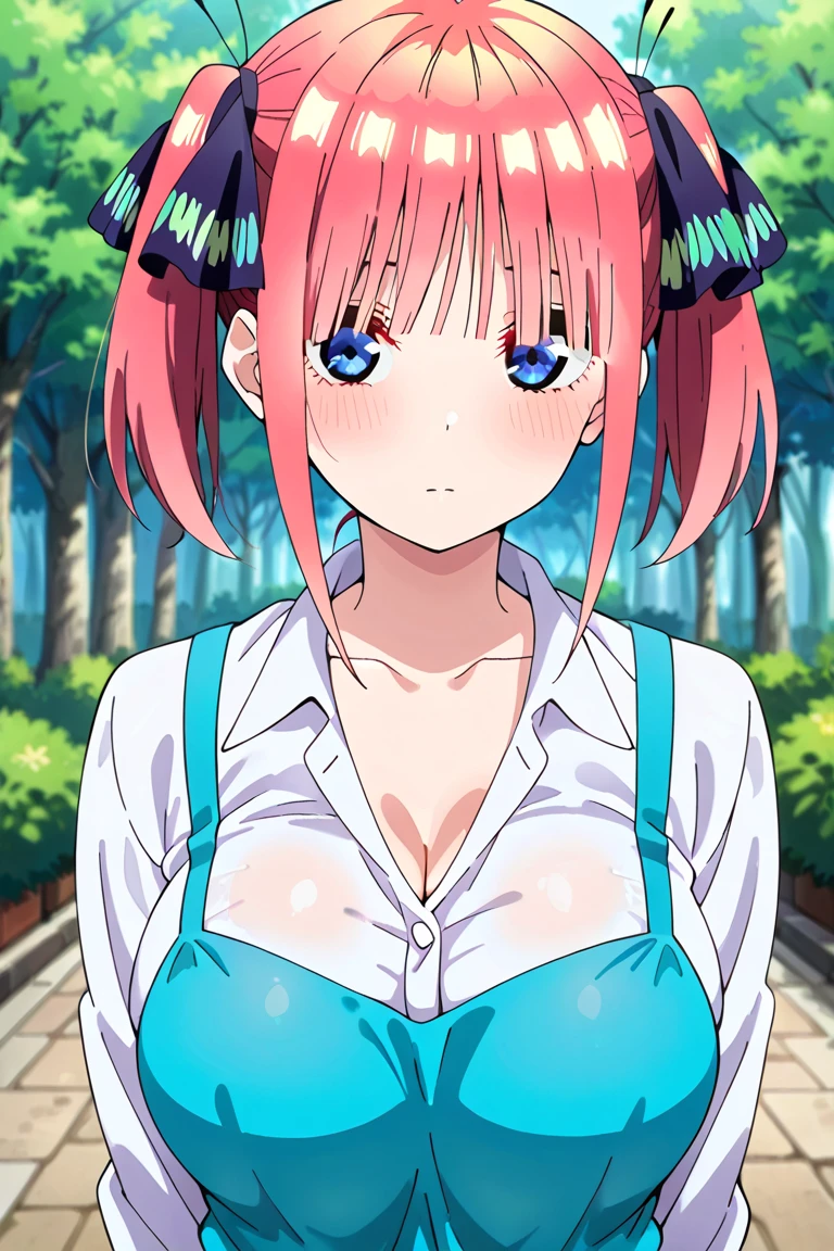 Masterpiece, highest quality, solo focus, anime-inspired woman, (purple tulip field:1.3), vibrant colors, dreamlike atmosphere She peacefully lying in the field on a (sunny:1.3) summer day, (warm:0.9) golden sunlight, tranquil atmosphere, (masterpiece), (best quality), (illustration), (beautiful detailed), (highres), sun, sunlight,,(lying, upper body, very close up, relaxed, blush, from above:1.5, looking at looking at viewer, detailed hair), breast, naked, completely nude:1.5, nsfw, medium breast, nipples <lora:perky_breasts1:0.8>, <lora:add_detail:0.5>, <lora:ninonakanochickeiii-lora-nochekaiser:0.8> nino nakano chickeiii, short hair, bangs, blue eyes, hair ornament, hair ribbon, pink hair, blunt bangs, two side up, butterfly hair ornament <lora:Quints-50:0.8> Nino, 1 girl, solo, pink hair, butterfly hair ornament,