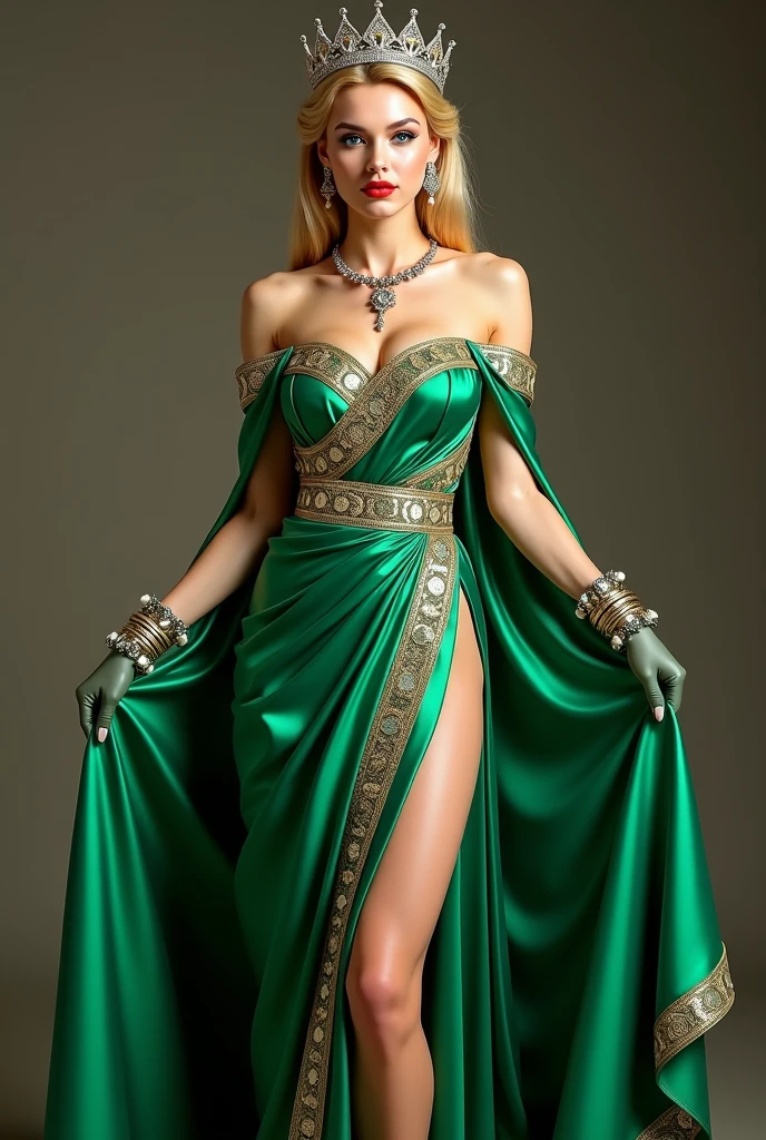 Anfisa Chekhova, the beautiful model, she is 28 years old today. She is a Peixes sign, standing at 1.65m tall, and weighing 52kg. Her skin color is white, and she has blue eyes, blond hair, long hair length, small bust, small waist, and large hips. She is wearing a Majestic emerald green robe with ornate gold detailing, paired with regal crown and emerald jewelry look, in a Studio with brick wall background for an industrial style setting, striking a Full-body photo, hands at breast height, looking at the camera pose. , red lips, chromatic aberration abuse, UHD, retina, masterpiece, accurate, anatomically correct, textured skin, super detail, high details, high quality, award-winning, best quality, high-res, 1080P, HD, 4K, 8K, 16K --q 5