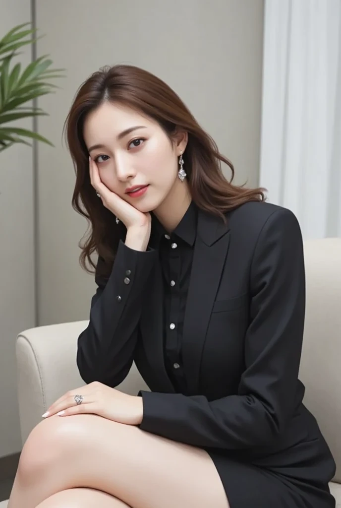 She is a professional in the financial industry，Wear sophisticated black professional attire，Sitting in an office in a high-rise building。From her deep eyes, you can see her intelligence and confidence，And the meticulous hairstyle shows her professionalism and competence。She has delicate facial features and elegant temperament，The slightly raised corners of his mouth reveal a bit of confidence and independence。