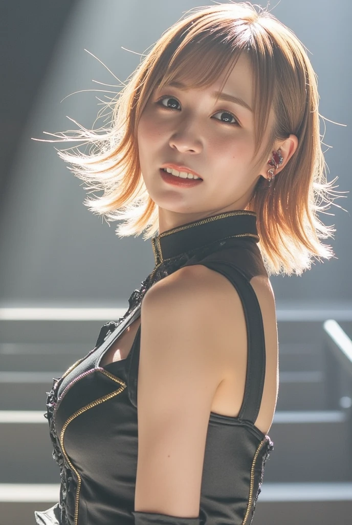 (8k, RAW photo, best quality, masterpiece:1.2), (realistic, photo-realistic:1.37), best quality, ultra high res, nfsw back lights, light leaks, dynamic lighting, slim, smooth skin,  (pureerosface_v1:1), bond, navel, kpop idol, (beautiful detailed eyes:1),(beautiful detailed face:1),(freebuffing:1.2), outdoors, ulzzang-6500, 1girl, standing, upper body, (:1.2), ,  from front, front view,  looking at viewer, huge breasts, arms behind back, in club.