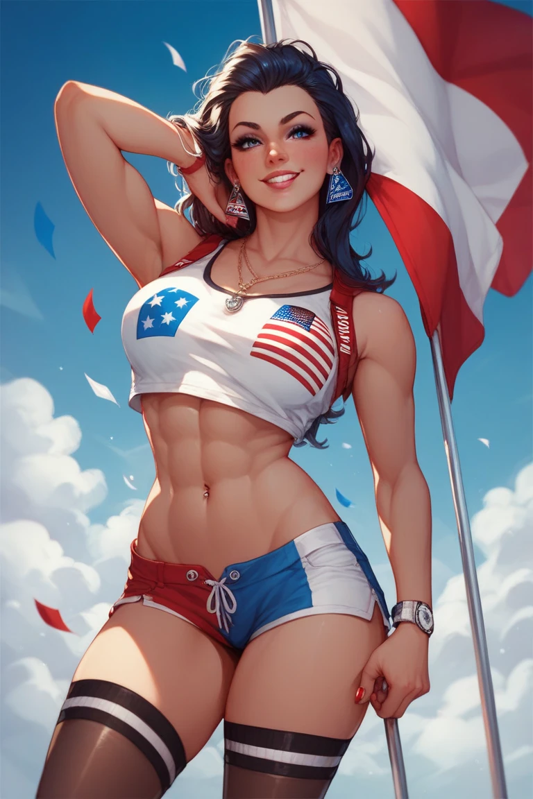 A maiden with full back muscles wears a Star-Spangled Bikini in winter