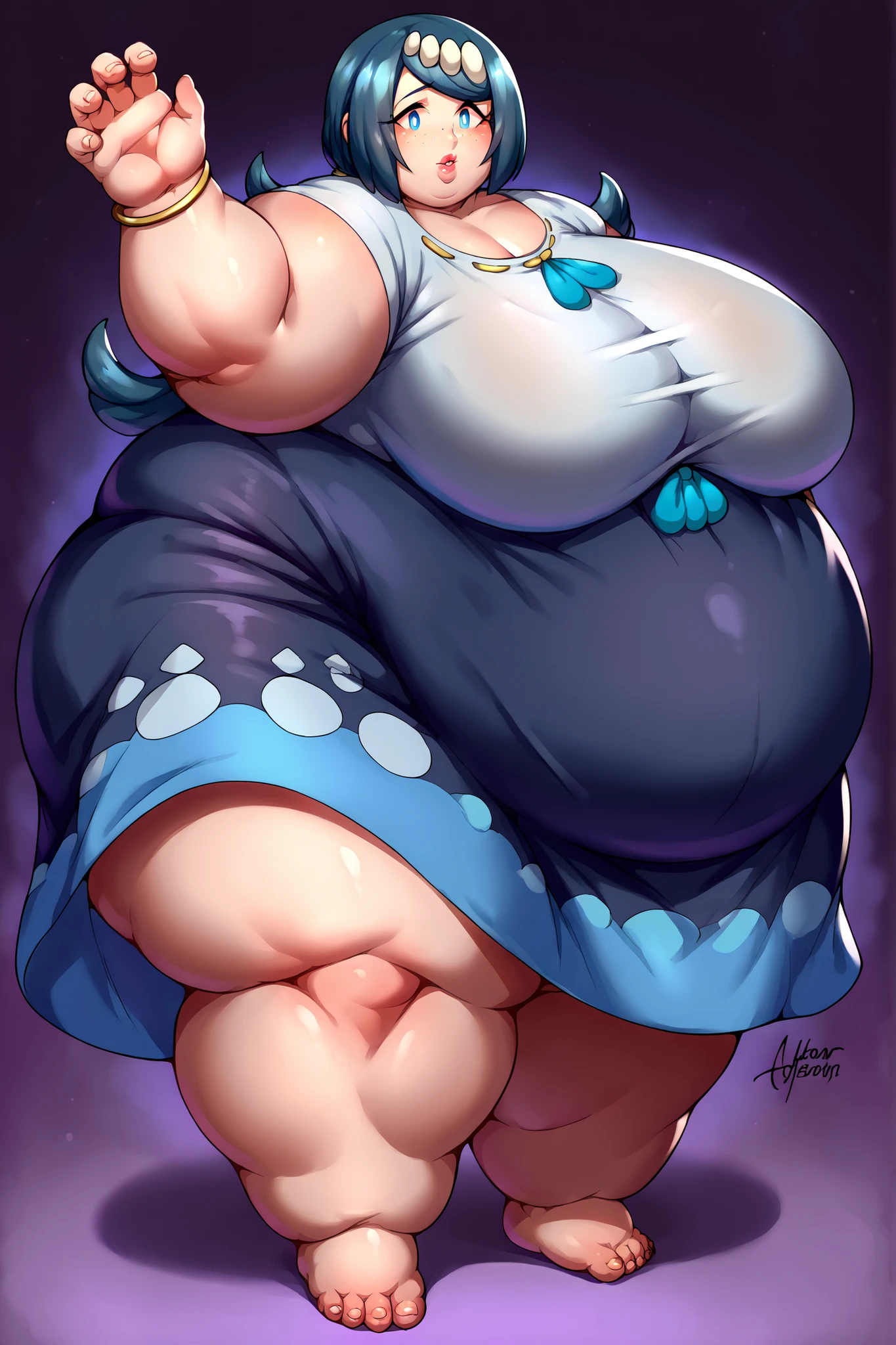Anime Women, Lady、Forehead、amount、Long braids down to the waist、Curly hair、Purple Hair、Glasses、Sharp eyes、Purple lips、Cobalt blue body、Cobalt blue skin、Cobalt blue face、Very fat、Chubby、obesity、Double chin、Cheek、Fat neck、Big Breasts、Saggy breasts、Thick upper arms、Thick arms、thick fingers、Fat belly、Flabby belly、Saggy belly fat、Thick legs、Big Ass、nude、Very large nipples、Large areola、Purple areola、Thick pubic hair、Hairy、sweated profusely、Gloss、Side Shot