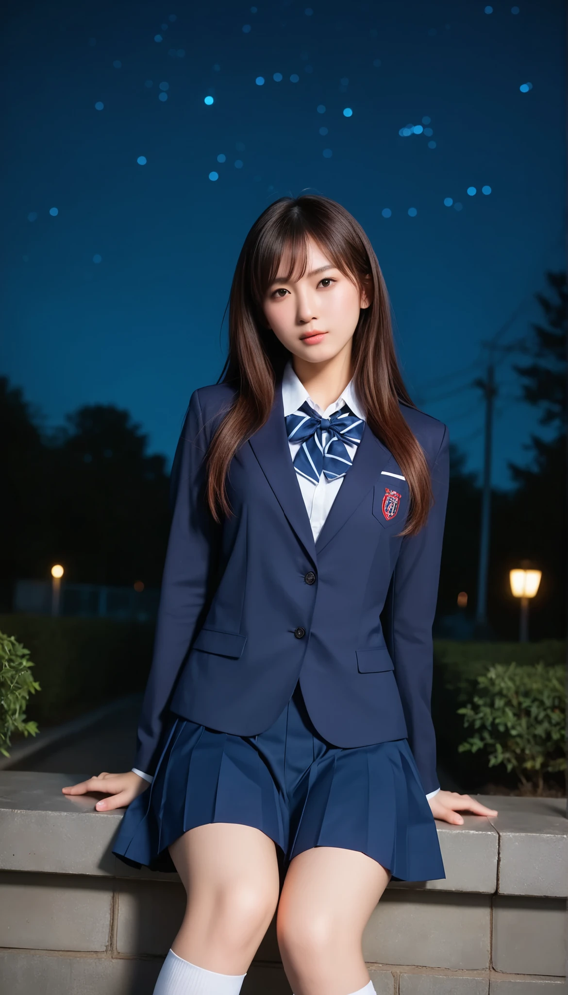 Best Quality,masterpiece, Ultra High Definition ,( photorealistic:1.4), RAW photo ,( realistic skin texture that shows through the whole body Deep Night :1.3),( :1.3)A beautiful Japanese girl, Picture of a beautiful Japanese idol ( beautiful:1.1), Ultra High Definition ,ultra high definition,,are wearing skirts and knee-high socks, JK uniform , Japanese school girl uniform, japanese school uniform, Dressed as a high school girls , girl in uniform , high school girls , girl in suit