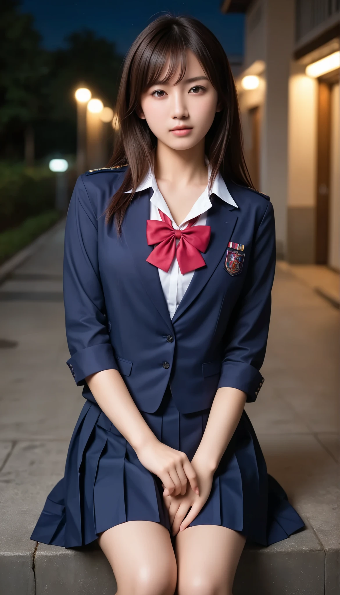 Best Quality,masterpiece, Ultra High Definition ,( photorealistic:1.4), RAW photo ,( realistic skin texture that shows through the whole body Deep Night :1.3),( :1.3)A beautiful Japanese girl, Picture of a beautiful Japanese idol ( beautiful:1.1), Ultra High Definition ,ultra high definition,,are wearing skirts and knee-high socks, JK uniform , Japanese school girl uniform, japanese school uniform, Dressed as a high school girls , girl in uniform , high school girls , girl in suit