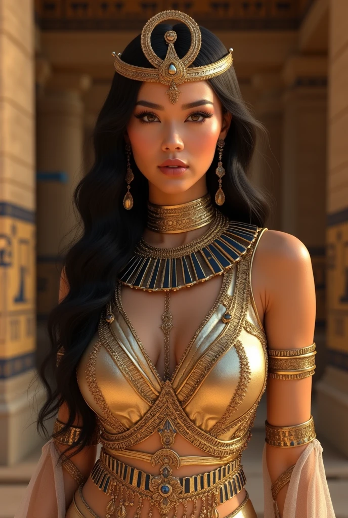 (Enchanting Egyptian scene), (Ultra-realistic 16K resolution), Seductive woman with Egyptian heritage, adornada com roupas tradicionais, gracefully standing near an ancient tomb inside a pyramid, Captivating brown eyes with realistic pupils and irises, Beautifully braided dark hair with realistic complexity, pele bronzeada e radiante com poros naturais, Fit and graceful figure with realistic body proportions, postura relaxada e confiante com anatomia precisa, Captivating smile with realistic expression, adorned with exquisite jewelry and accessories inspired by ancient Egyptian culture, dressed in flowing and elegant tunics that perfectly complement her real appearance, Surrounded by meticulously detailed hieroglyphics and antique prints, Realistic lighting that projects an otherworldly environment.