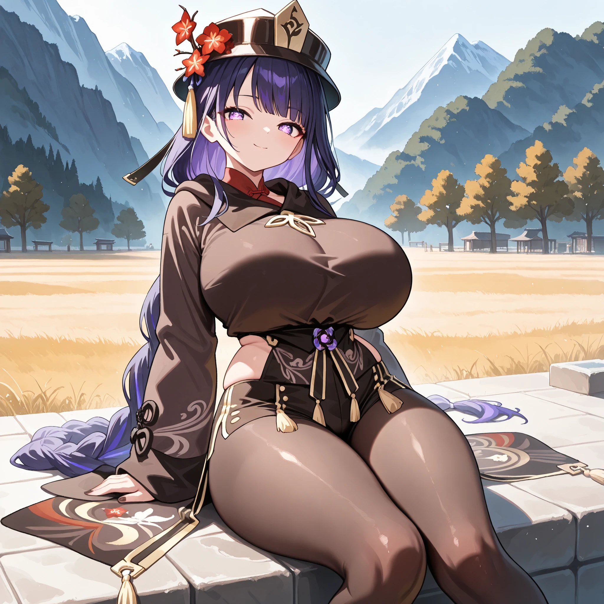 masterpiece, best quality, very aesthetic, absurdres, safe, raiden shogun, beautiful purple eyes ,long braided hair, long purple hair , Hu tao costume ,She is wearing a dark-colored, The outfit includes a short, high-waisted jacket or tunic with long sleeves featuring swirling patterns and decorative knots, paired with equally stylish short shorts. A unique hat with a stylized crest adorns her head, complemented by a decorative branch of red flowers. The overall style should evoke a sense of celebration and festivity, possibly a cultural holiday. , ultra very big breast, smile face, sexy pose, fullface body, serious face ,solo woman , anatomical details , drawstring , outdoor , best quality , good eye , sit on chairs stone, look a viewer , plump thighs , perfect background , Oppai / Large breasts slim body , seductive pose , sexy black pantyhose , only one woman , perfect big thighs , side , 8k resolution, rocky mountain, hair ornament, hu tao costume