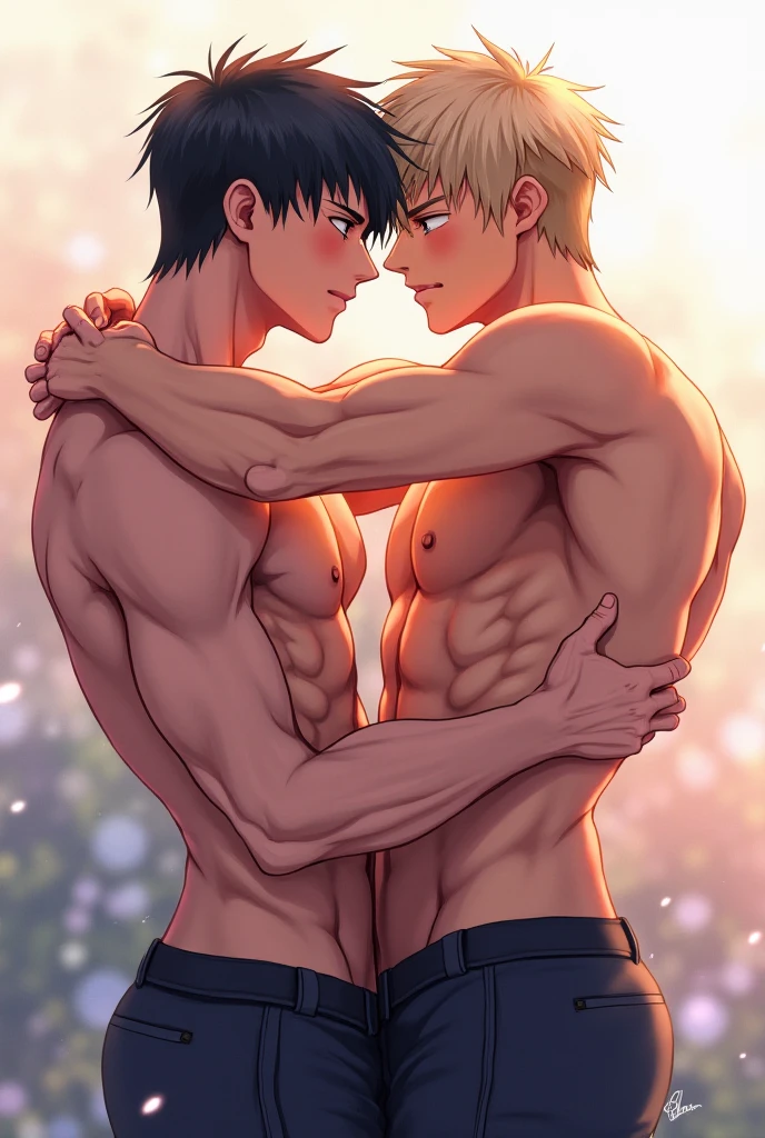 Scene of two beautiful men hugging each other、The first was 25 years old、he is tall, toned and muscular body.、Blue eyes and blond hair are attractive、He is charismatic、The other is a young man who is only about 18 years old.、slim body of average height、Characteristic jet-black and purple eyes、in college、Passion and curiosity for art、cheerful and positive personality、There is a strong trust and deep bond between the two.、Supporting everyone、admit。The scene that says、Draw with beautiful backgrounds。