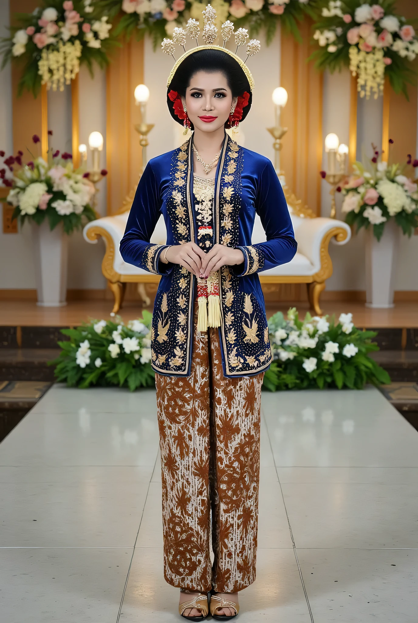 (masterpiece, best quality:1.2),Hyperrealistic photo, high resolution, ultra HD 16k image quality, image details show a beautiful Indonesian woman with, the woman's hair is neatly arranged in a Javanese bun with a crown ornament of small jewelry towering upwards with intricate and luxurious motifs, a charming face with professional make-up, the woman has glamorous white skin combined with a traditional Javanese kebaya in blue with gold embroidery in intricate motifs, wearing brown and white batik cloth bottoms and luxurious heels with matching colors, the image contrast ratio is 7: 1 combined with a background of a luxurious decoration of a wedding stage with flower decorations, green leaves and small colorful lights, the woman stands gracefully towards the camera with a smiling facial expression, holding a small luxurious bag, in front of her is a green leafy flower decoration on a growing white floor, the image shows the whole thing with the effect of expanding the camera, very detailed, a bright, bright and perfect color combination.