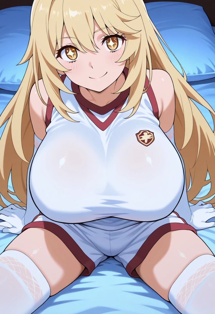 (( close、16K、Highest quality、Attention to detail、Rich skin detail, Browsing Caution、Chubby))、 (Beautiful Eyes), ((Huge breasts、Armpits、Hands behind head、Spreading her legs、Sitting、Sweat、vapor))、 ((Shirt lift、Huge nipples))、((Blonde、white high leg panties、Red ribbon))、(Cheerleader、Red short dress、Red mini skirt)、(blue eyes、Three white eyes)、((Twin tails、Long Hair、Straight hair)), ((blush))、(Wide Hips、Thick thighs)、((((surprised、Embarrassing))))、((On stage))