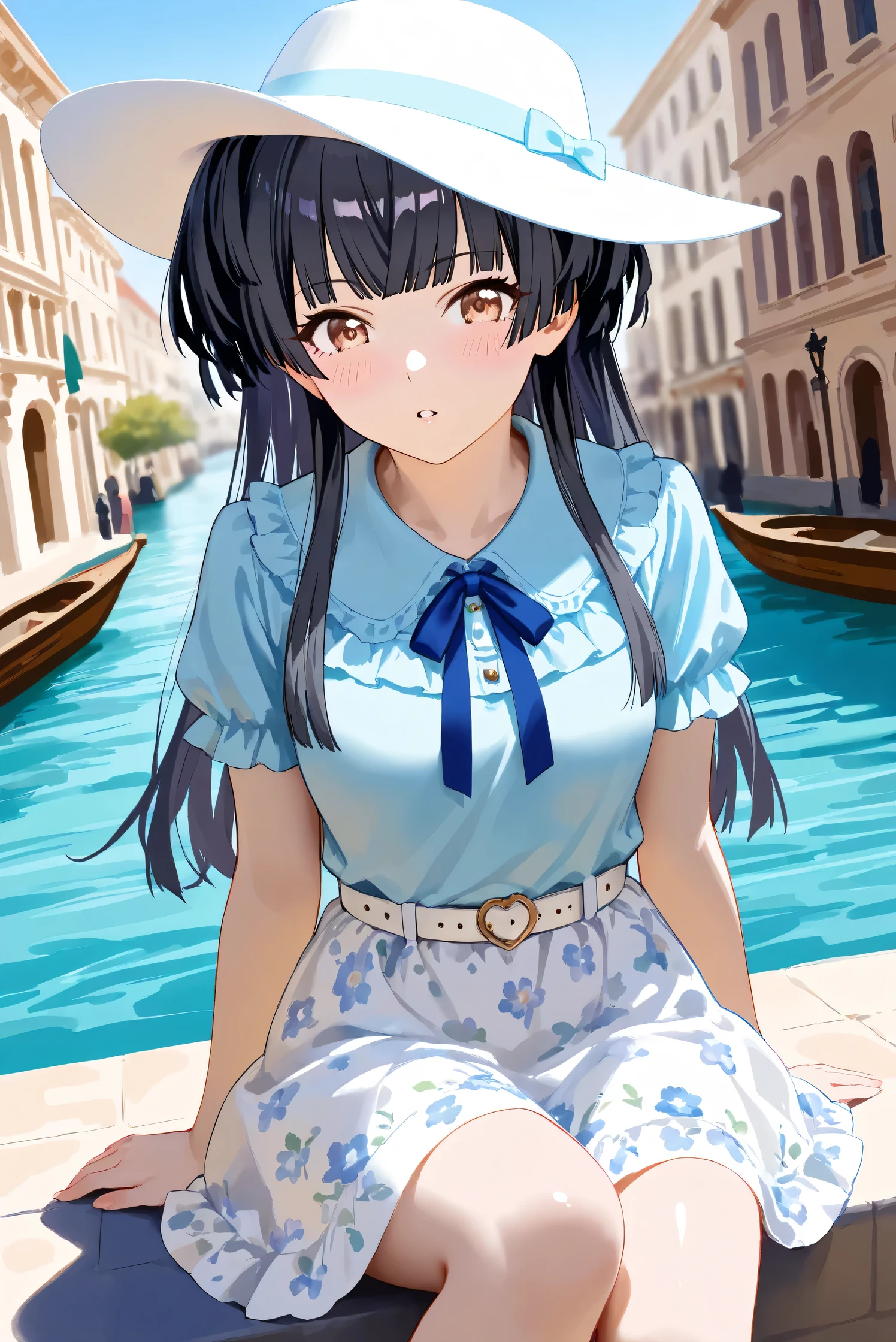 (Masterpiece), (Highest quality), (Very detailed), 
(The best shape), (Best Shadow), (Absurd), 
(Detailed background), (So beautiful), Shiny , 
Extraordinary, Countershading, 8k, 32K, High resolution, Beautiful eyes in every detail,
Very Detailed CG, UHD,

Score_9, Score_8_up, Score_7_up, Source_anime, 
(Pastel painting:1.2), (Watercolor painting:1.2),
(Masterpiece, Detailed:1.2), (Foreshortening:1.2),

from above,

Cinematic, Dramatic, (Depth of field:1.4),
(Blurry background:1.4), (Realistic background:1.4),
(Foreshortening:1.3),Dynamic angle, 1 girl, solo,
Venice, Venice Building, Outdoor, Nature, Blue sky,

Mayuzumi Fuyuko,
The idolmaster shiny colors,
mayuzumi_fuyuko, 1girl, black hair, two side up, brown eyes, small breasts,

(Casual wear:1.3),
Light blue shirt, Short sleeves shirt, Frills,
ribbon, Blue ribbon,
Skirt, White skirt, Floral print skirt, Belt, White belt,
Wide Brim Hat, (White hat:1.2), Blue ribbon,

portrait, Focus on face, (close up shot:1.2),
(Blush:1.3), parted lips, ride on gondola, sitting,
Realistic skin, Shiny skin,